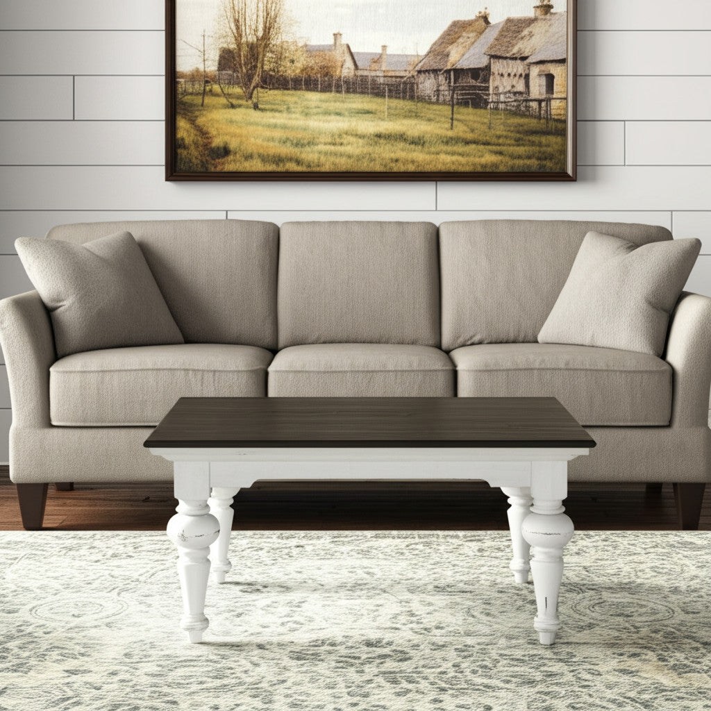 39" Brown and White Wood Square Distressed Coffee Table-Coffee Tables-DECOROLALA