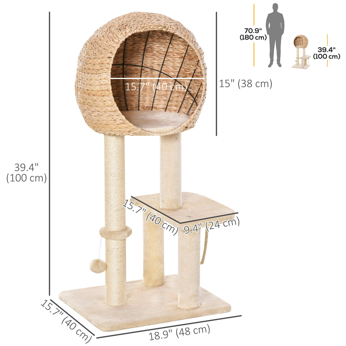 39" Cat Tree with Condo, Sisal Scratching Post and Perch - Beige-Cats-DECOROLALA