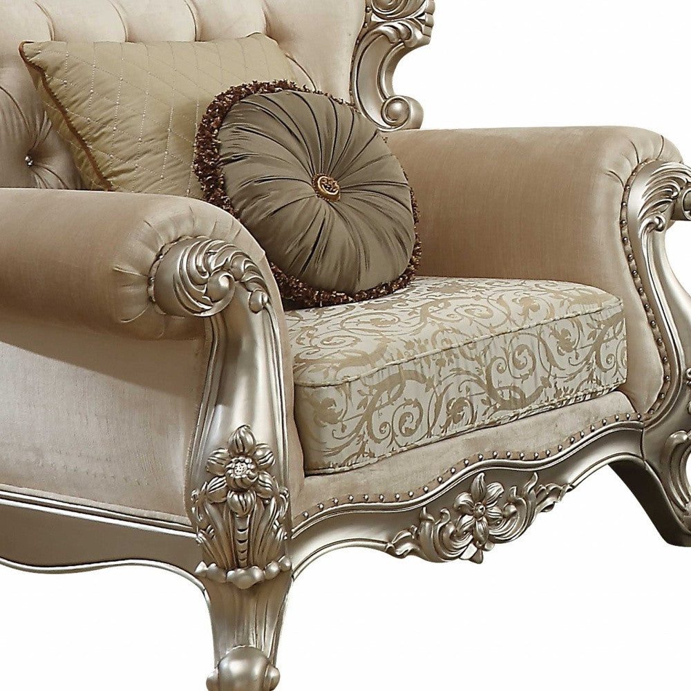 39" Champagne Fabric Damask Chair and a Half And Toss Pillows-Accent Chairs-DECOROLALA