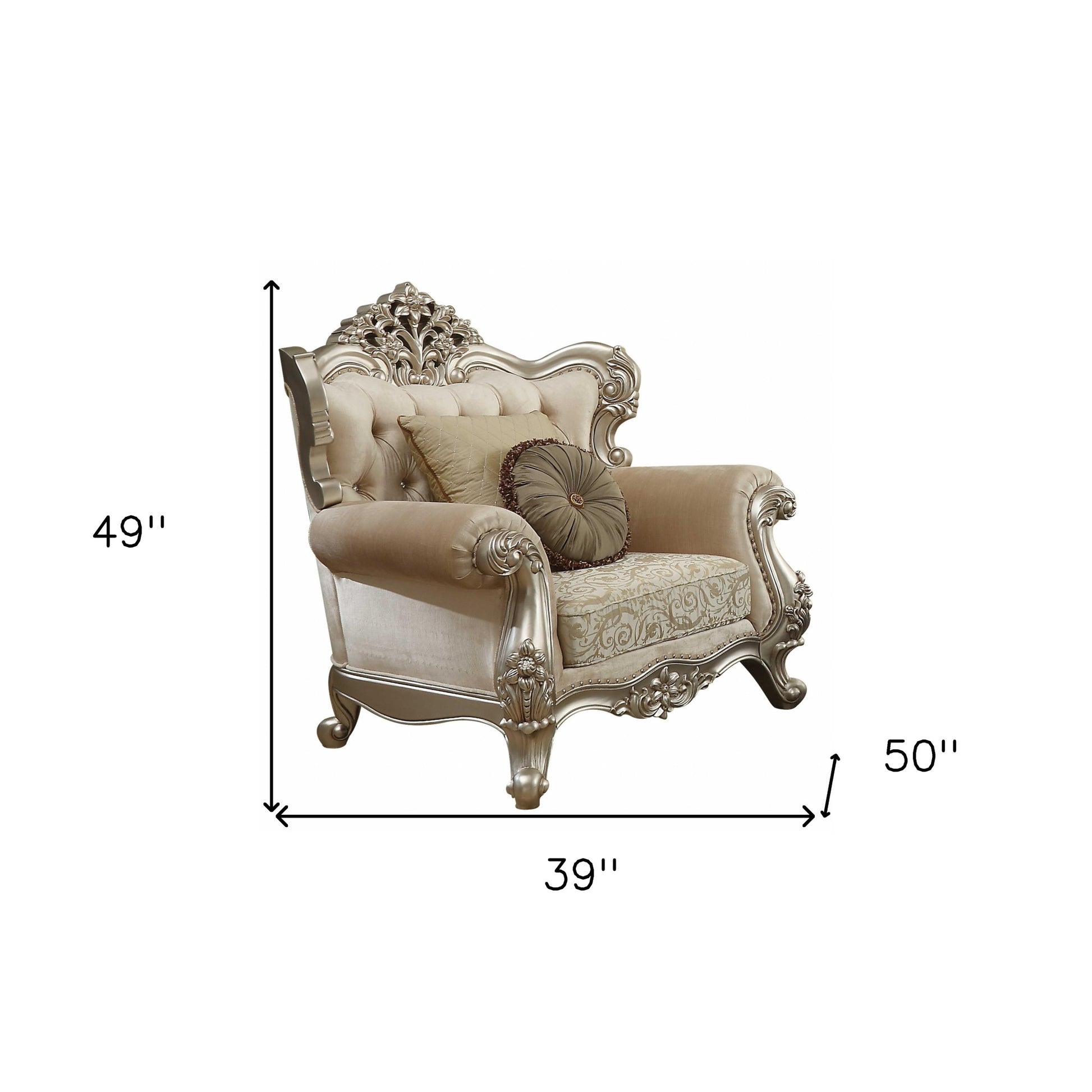39" Champagne Fabric Damask Chair and a Half And Toss Pillows-Accent Chairs-DECOROLALA