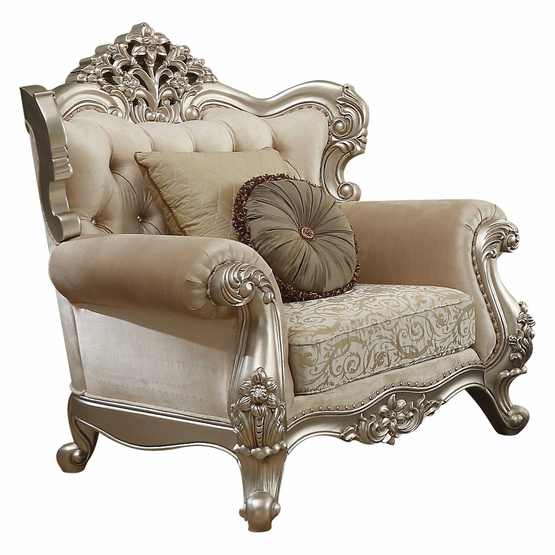 39" Champagne Fabric Damask Chair and a Half And Toss Pillows-Accent Chairs-DECOROLALA
