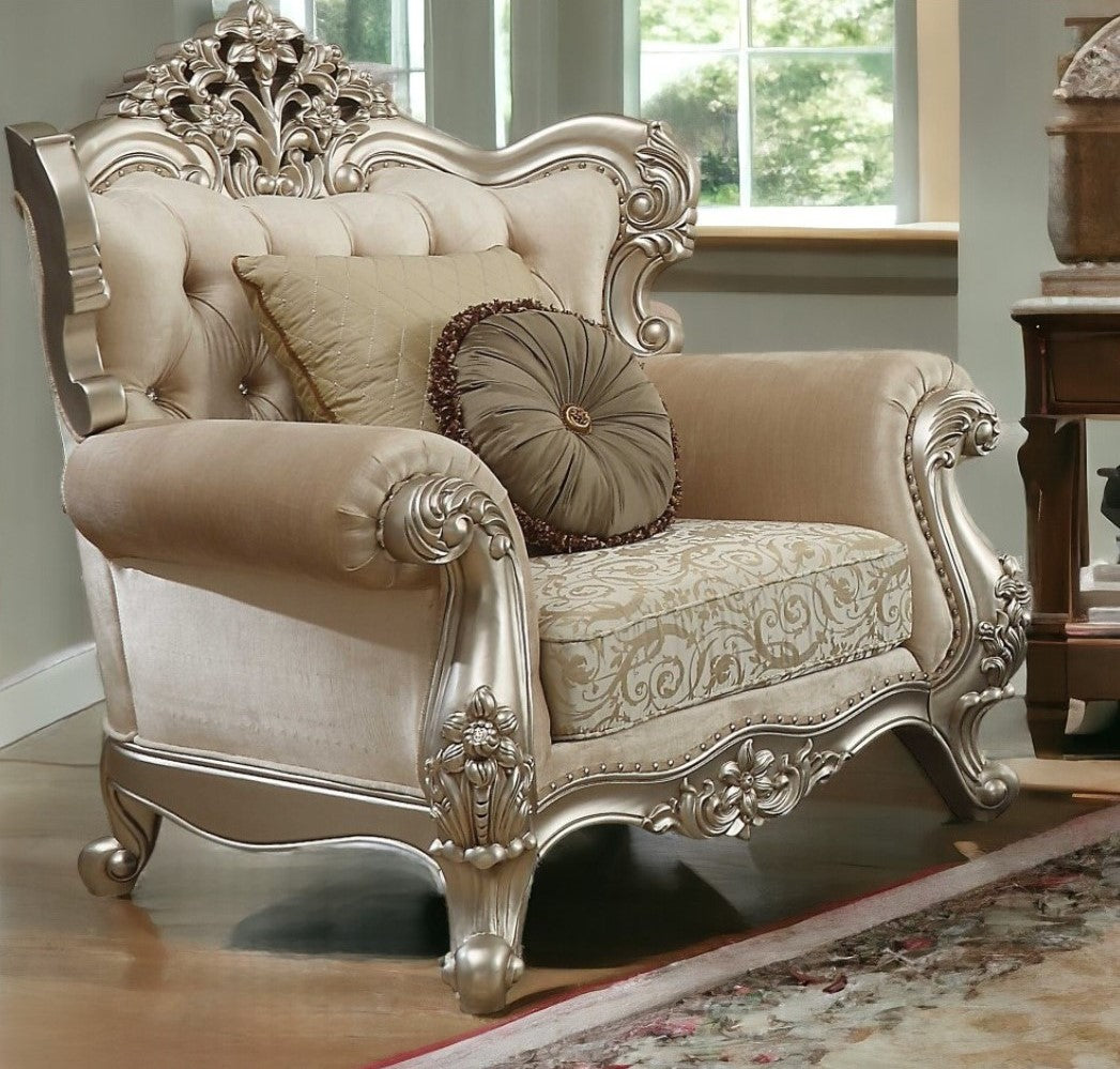 39" Champagne Fabric Damask Chair and a Half And Toss Pillows-Accent Chairs-DECOROLALA