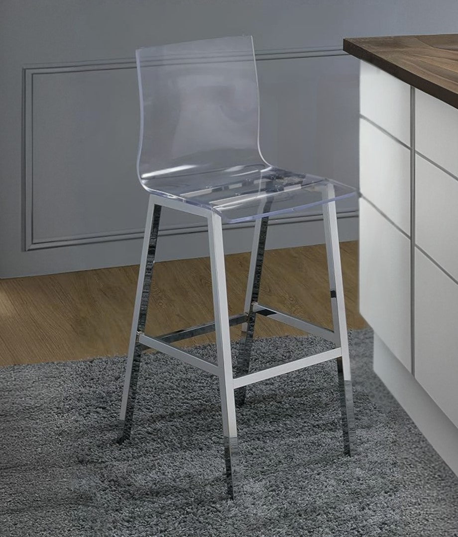 39" Clear and Silver Acrylic and Metal Counter Height Bar Chair-Bar Chairs-DECOROLALA