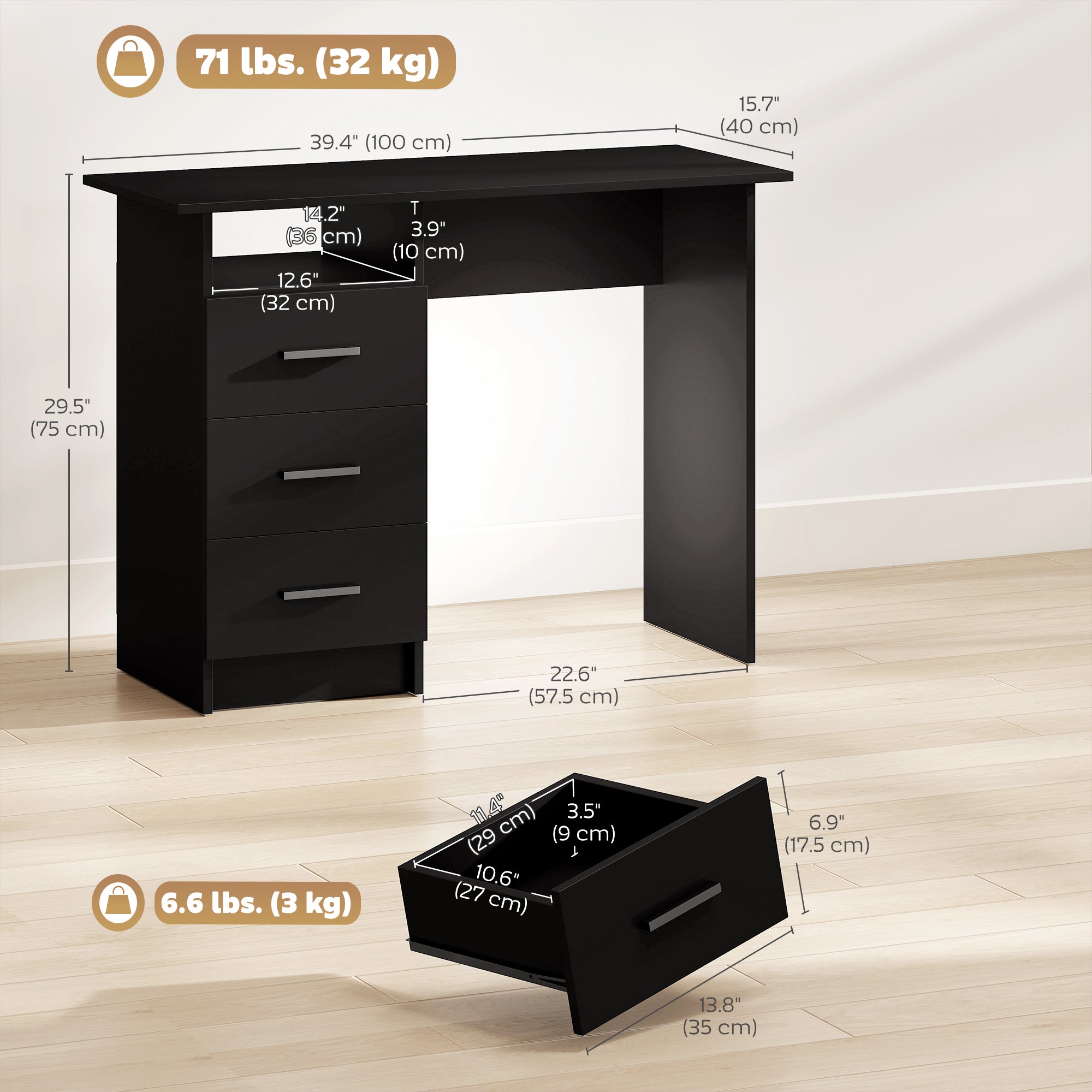 39" Computer Desk with 3 Drawers and Shelf - Black-Office Products > Office Furniture > Office Desks & Work Stations > Computer Desks-DECOROLALA