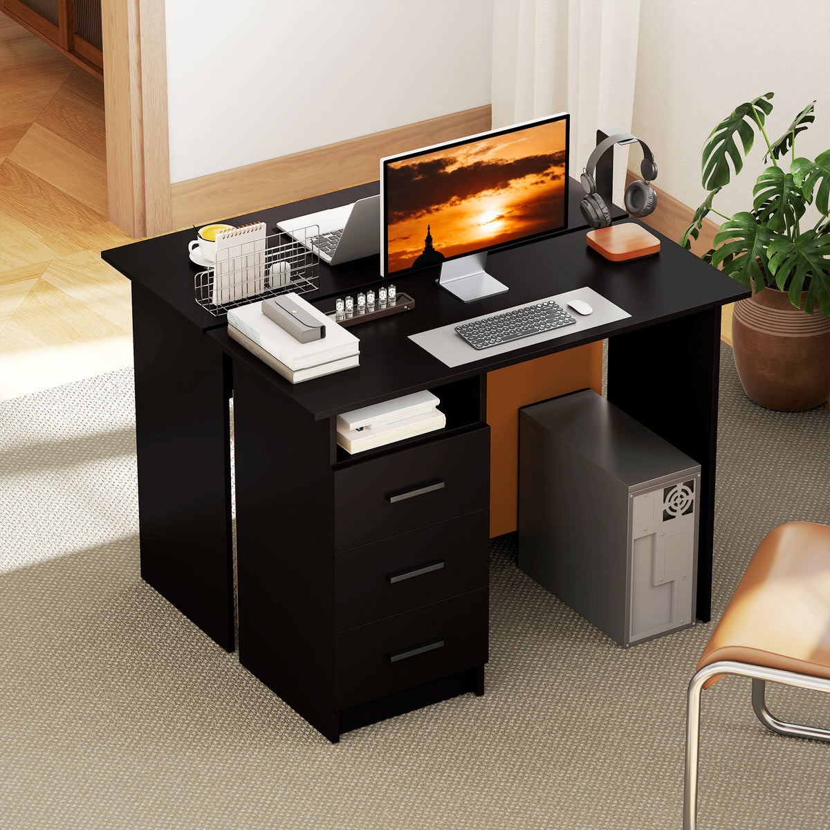 39" Computer Desk with 3 Drawers and Shelf - Black-Office Products > Office Furniture > Office Desks & Work Stations > Computer Desks-DECOROLALA