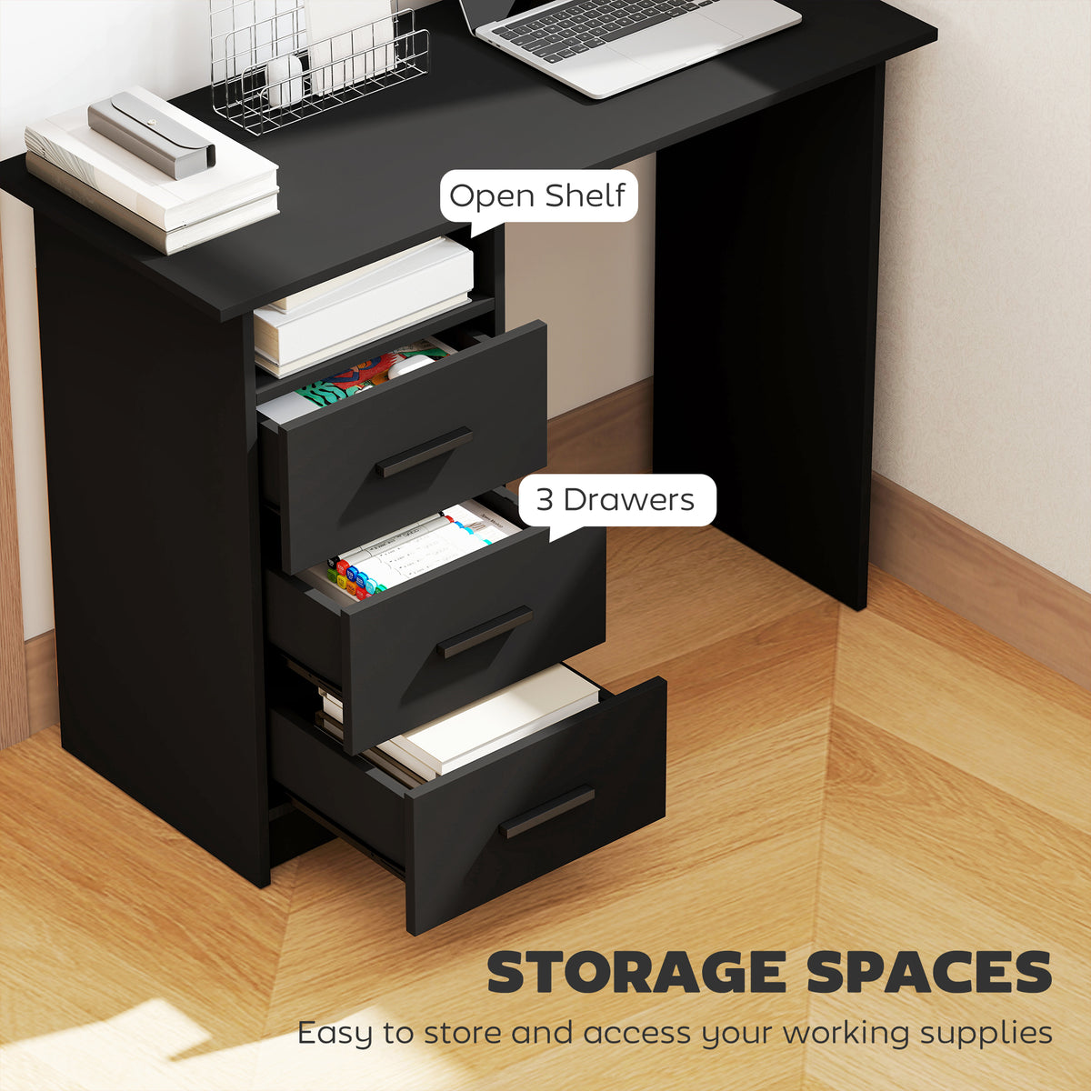 39" Computer Desk with 3 Drawers and Shelf - Black-Office Products > Office Furniture > Office Desks & Work Stations > Computer Desks-DECOROLALA