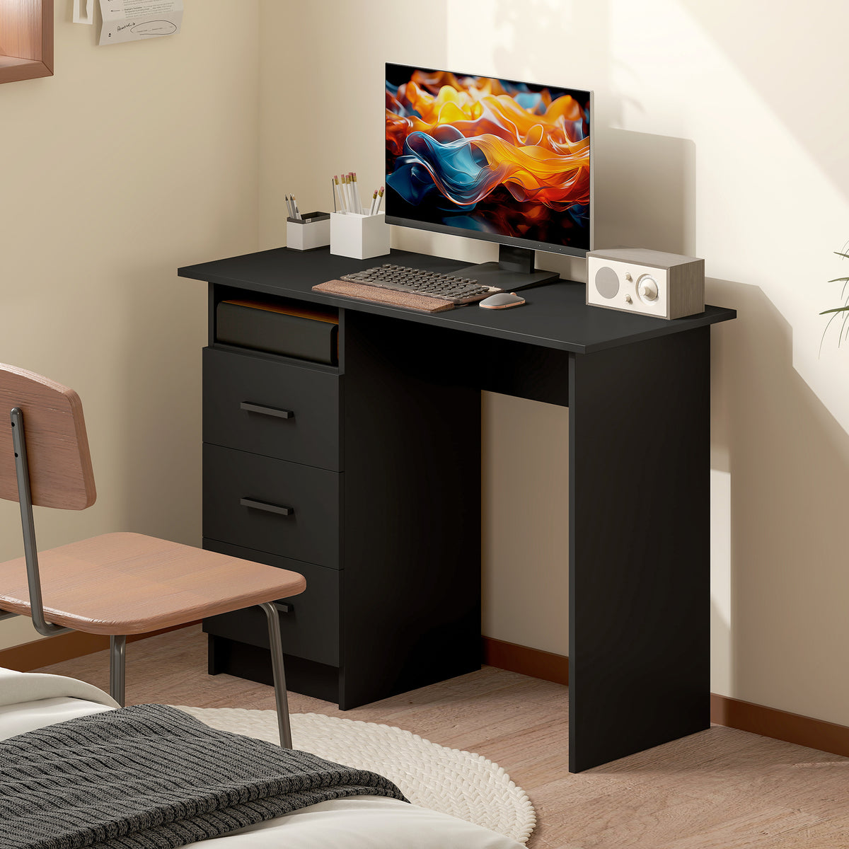 39" Computer Desk with 3 Drawers and Shelf - Black-Office Products > Office Furniture > Office Desks & Work Stations > Computer Desks-DECOROLALA