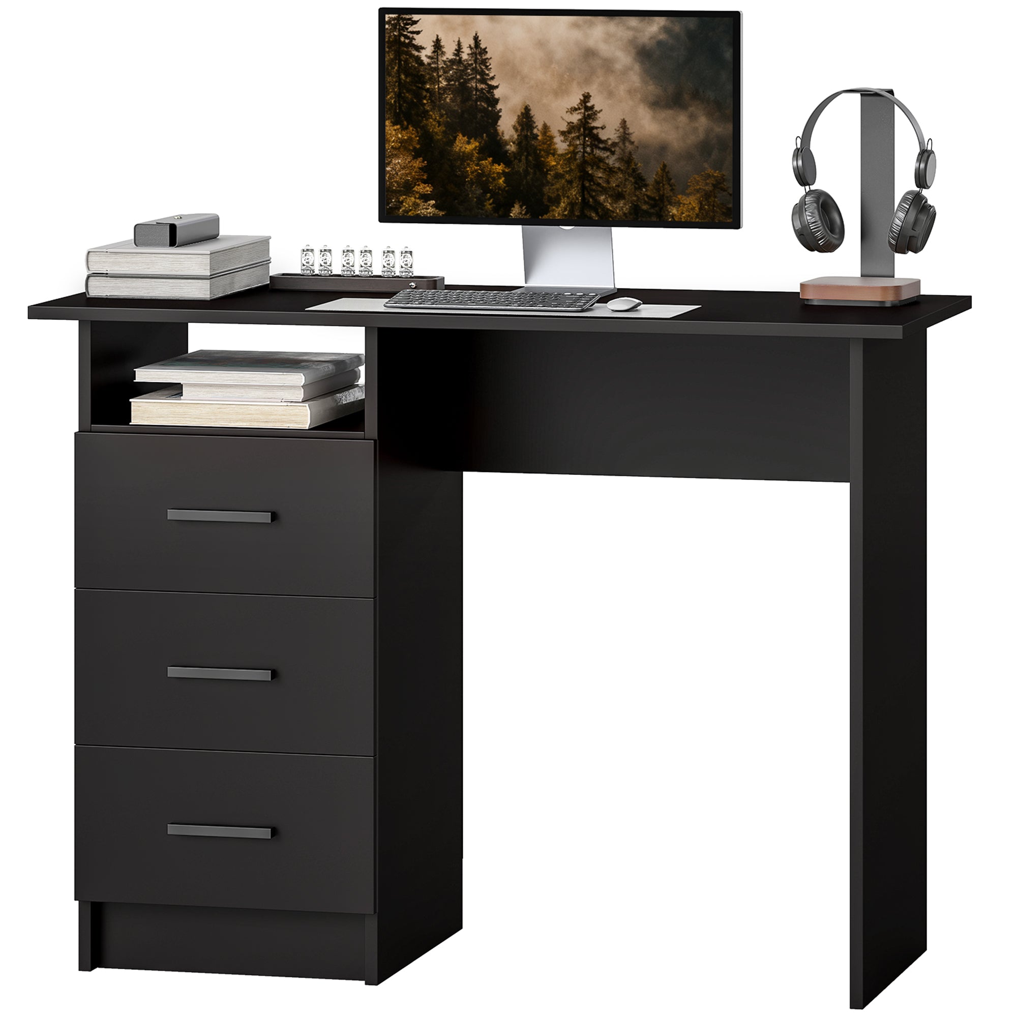 39" Computer Desk with 3 Drawers and Shelf - Black-Office Products > Office Furniture > Office Desks & Work Stations > Computer Desks-DECOROLALA