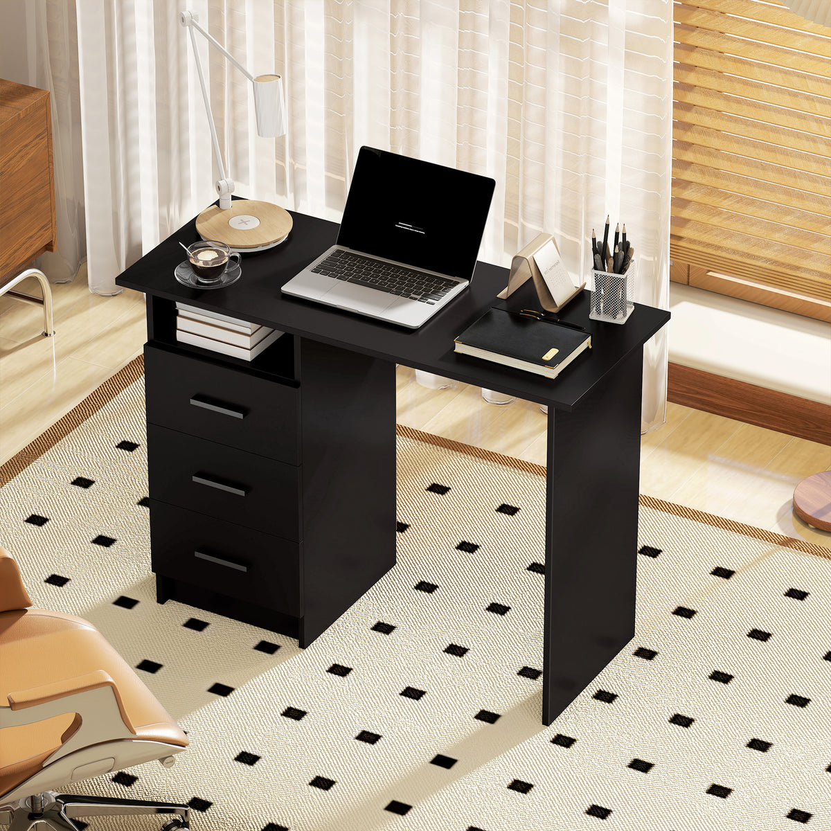 39" Computer Desk with 3 Drawers and Shelf - Black-Office Products > Office Furniture > Office Desks & Work Stations > Computer Desks-DECOROLALA