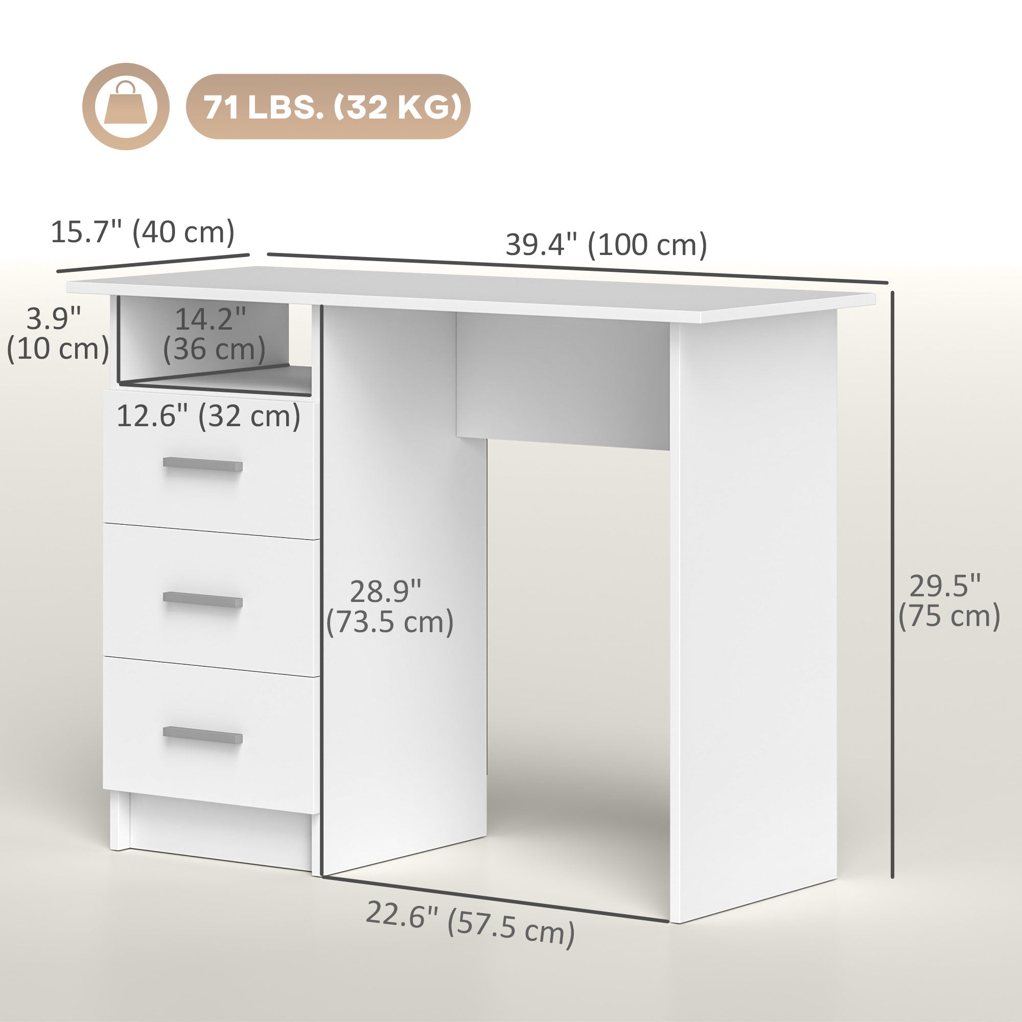 39" Computer Desk with 3 Drawers and Shelf - White-Office Products > Office Furniture > Office Desks & Work Stations > Computer Desks-DECOROLALA