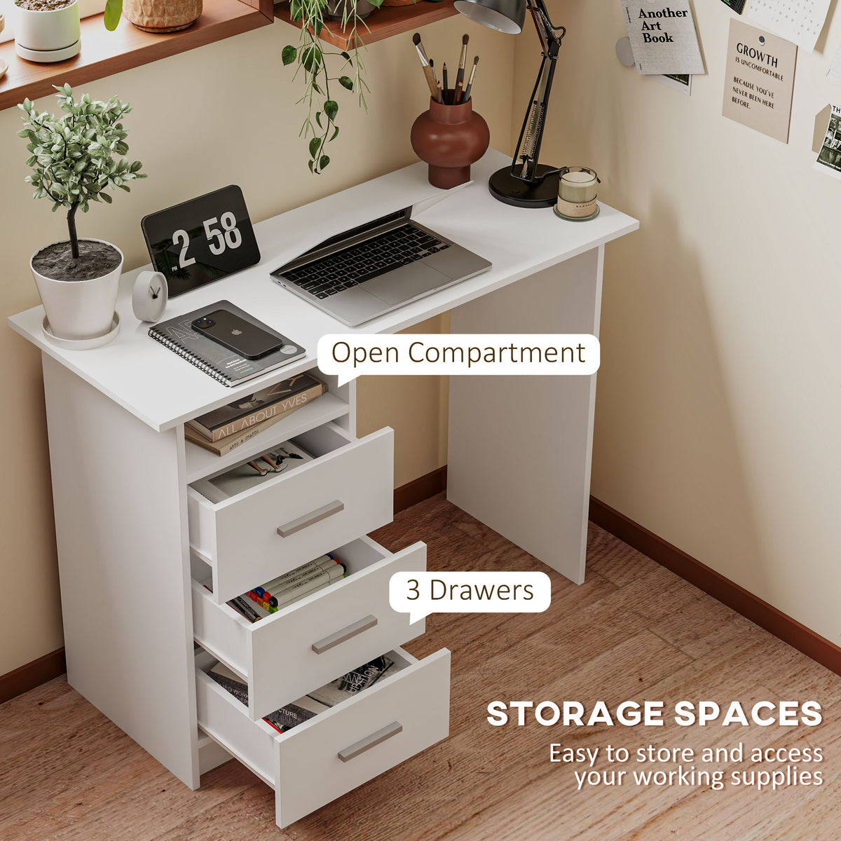 39" Computer Desk with 3 Drawers and Shelf - White-Office Products > Office Furniture > Office Desks & Work Stations > Computer Desks-DECOROLALA