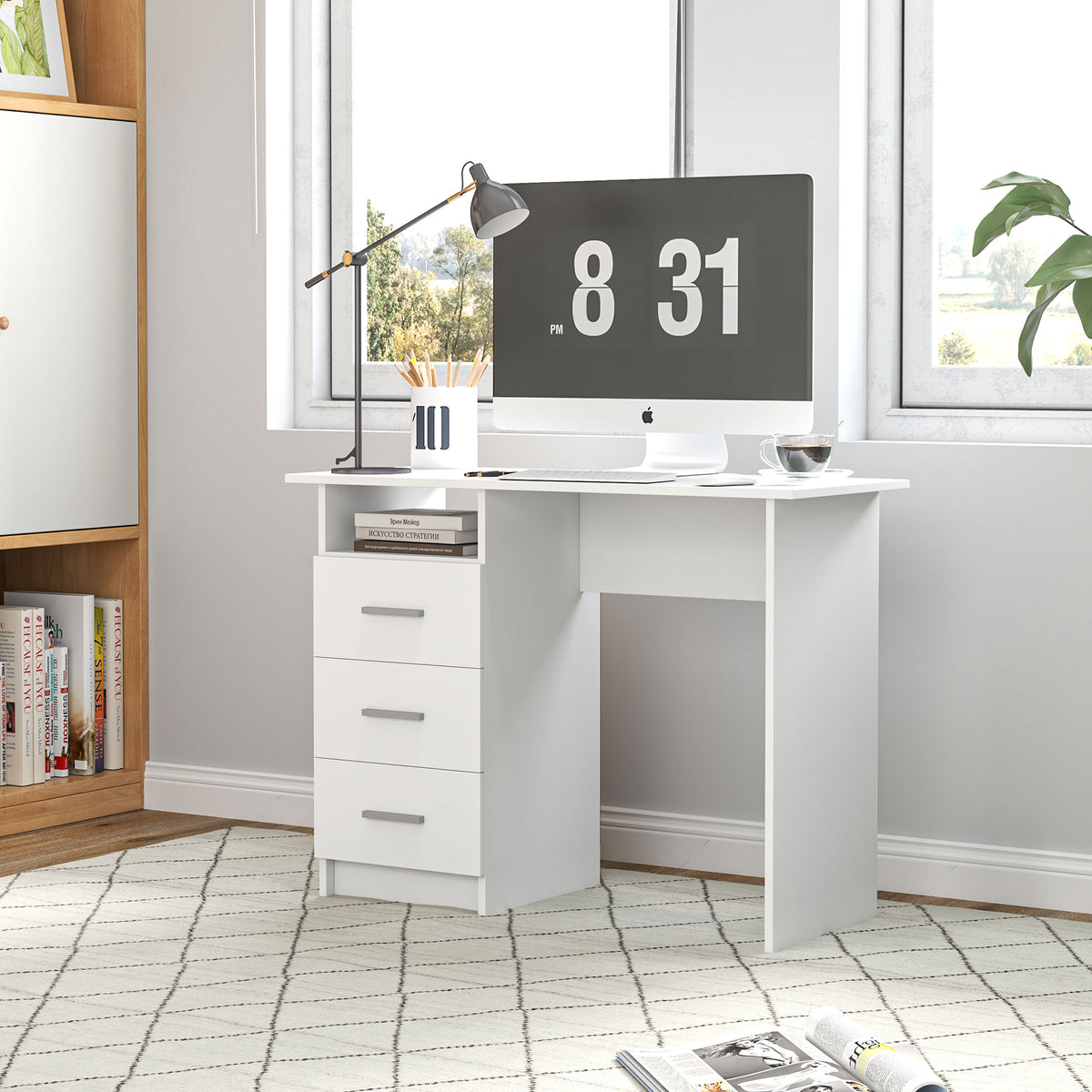 39" Computer Desk with 3 Drawers and Shelf - White-Office Products > Office Furniture > Office Desks & Work Stations > Computer Desks-DECOROLALA