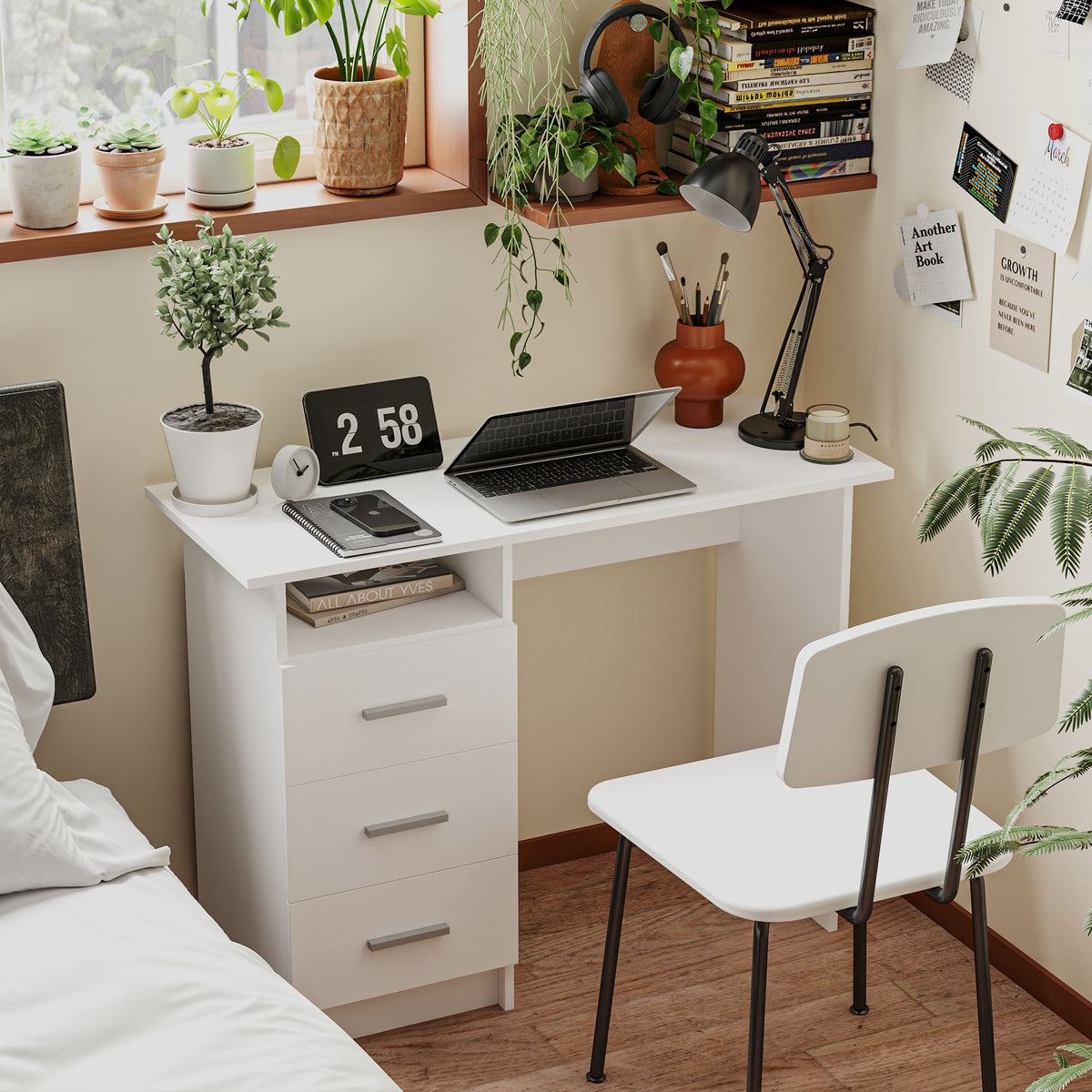 39" Computer Desk with 3 Drawers and Shelf - White-Office Products > Office Furniture > Office Desks & Work Stations > Computer Desks-DECOROLALA