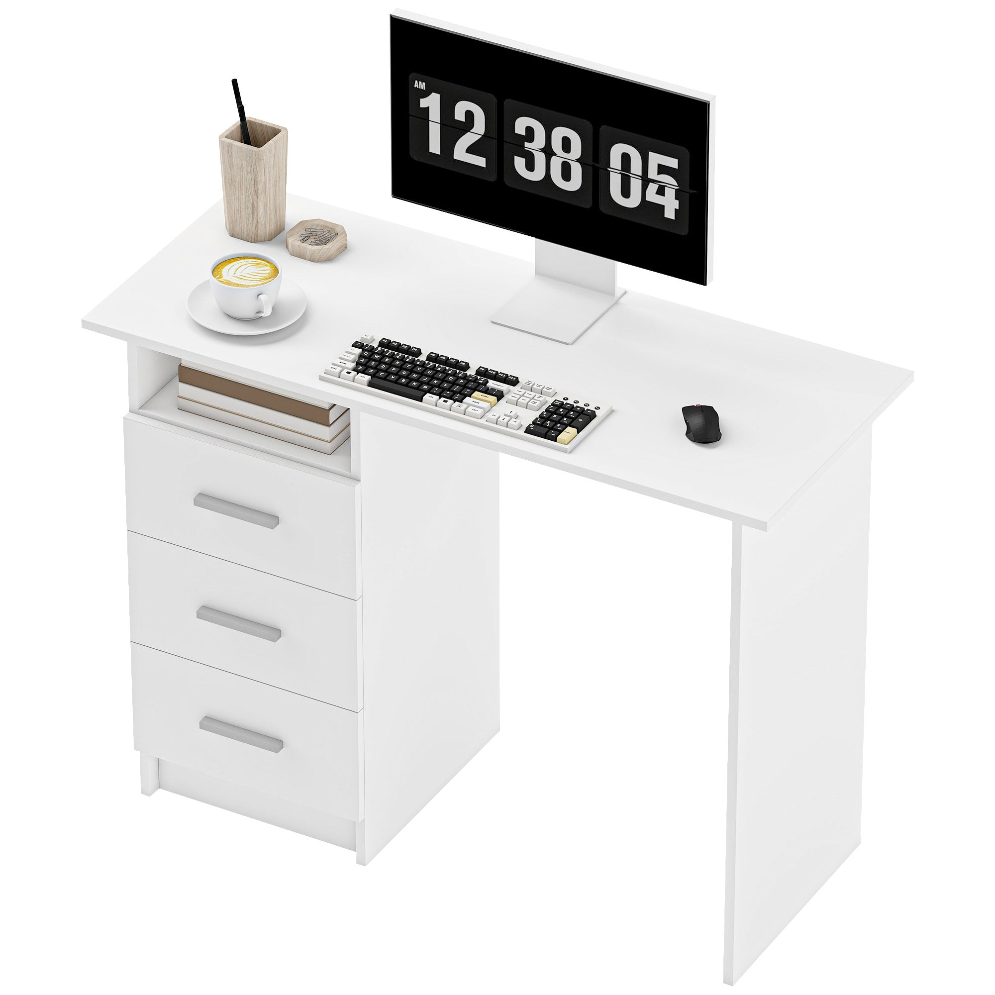 39" Computer Desk with 3 Drawers and Shelf - White-Office Products > Office Furniture > Office Desks & Work Stations > Computer Desks-DECOROLALA