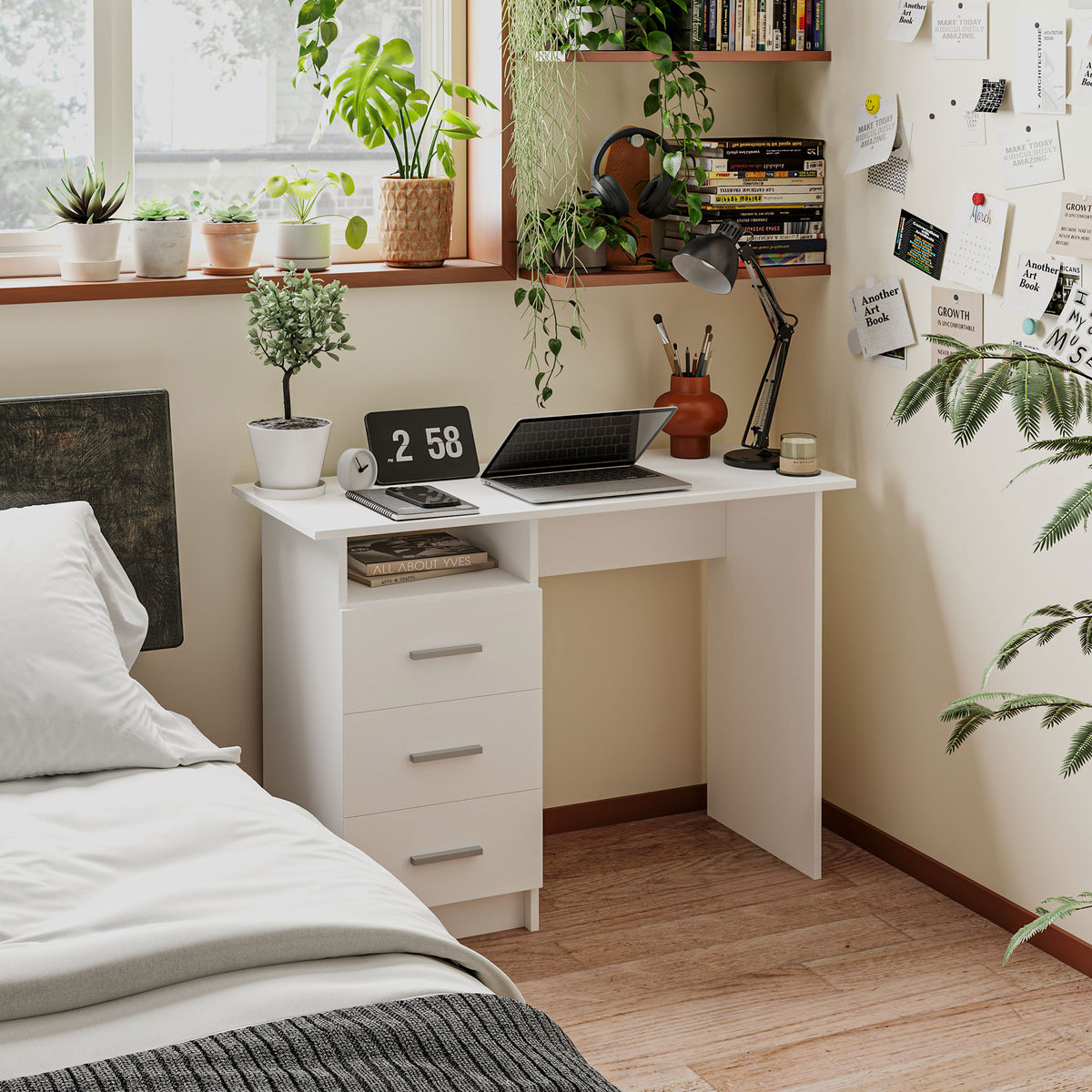 39" Computer Desk with 3 Drawers and Shelf - White-Office Products > Office Furniture > Office Desks & Work Stations > Computer Desks-DECOROLALA