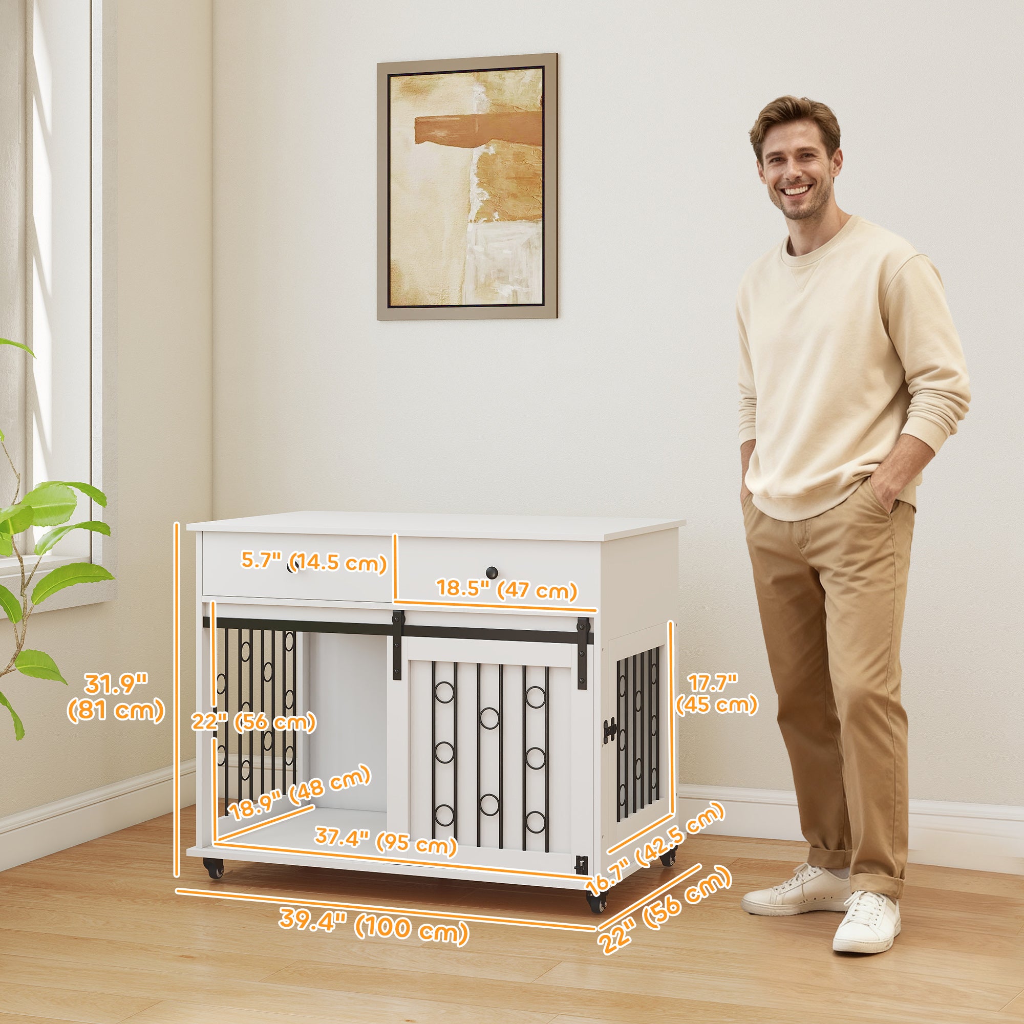 39" Dog Crate Furniture, Dog Kennel Indoor with 2 Drawers, Wheels, Sliding Door, Dog Cage for Medium Large Dogs, Oak-Dogs-DECOROLALA