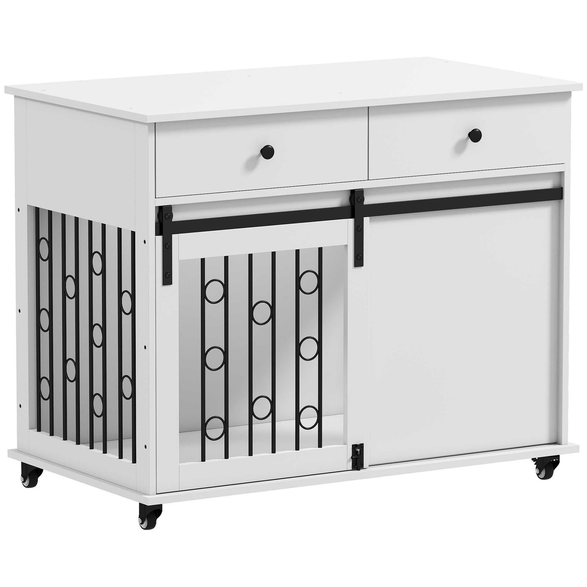 39" Dog Crate Furniture, Dog Kennel Indoor with 2 Drawers, Wheels, Sliding Door, Dog Cage for Medium Large Dogs, Oak-Dogs-DECOROLALA