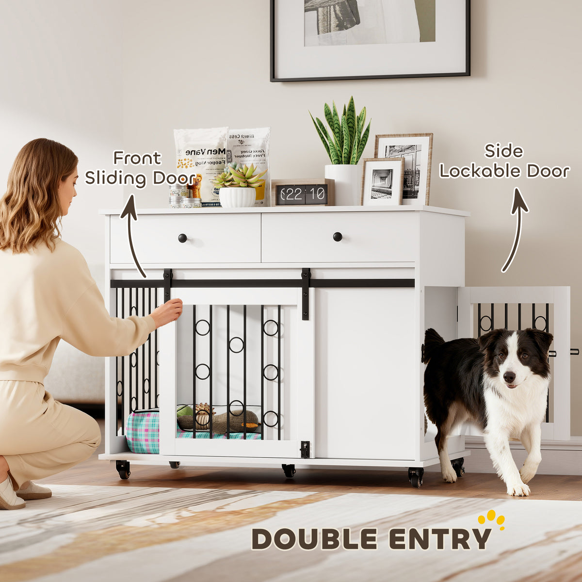39" Dog Crate Furniture with 2 Drawers and Wheels - Oak-Dogs-DECOROLALA