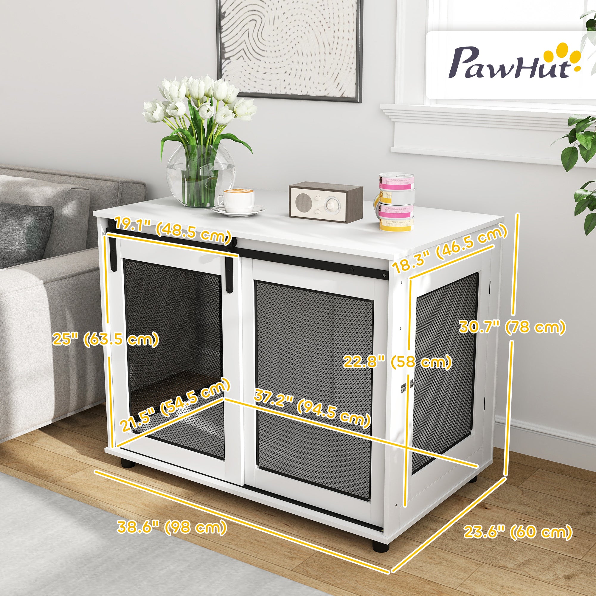 39" Dog Crate Furniture with Barn Door - White-DECOROLALA