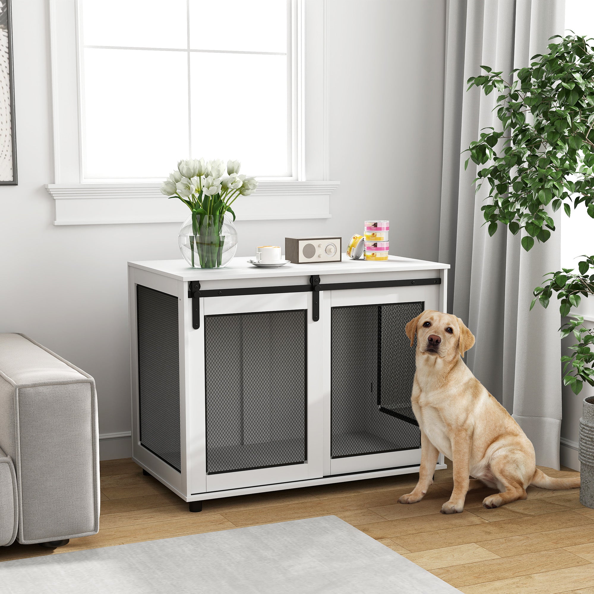 39" Dog Crate Furniture with Barn Door - White-DECOROLALA
