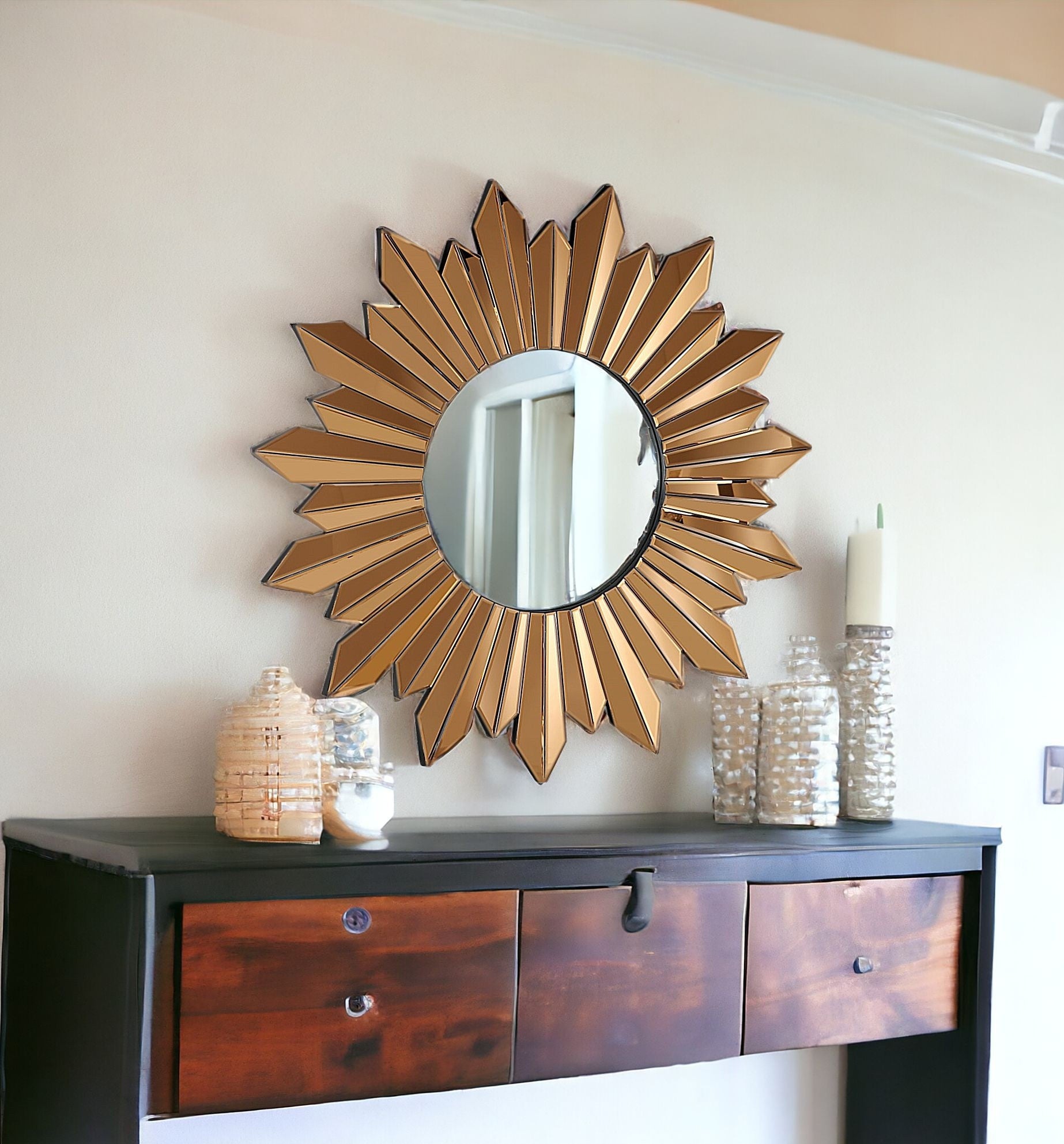 39" Gold Sunburst Glass Framed Accent Mirror-Mirrors-DECOROLALA
