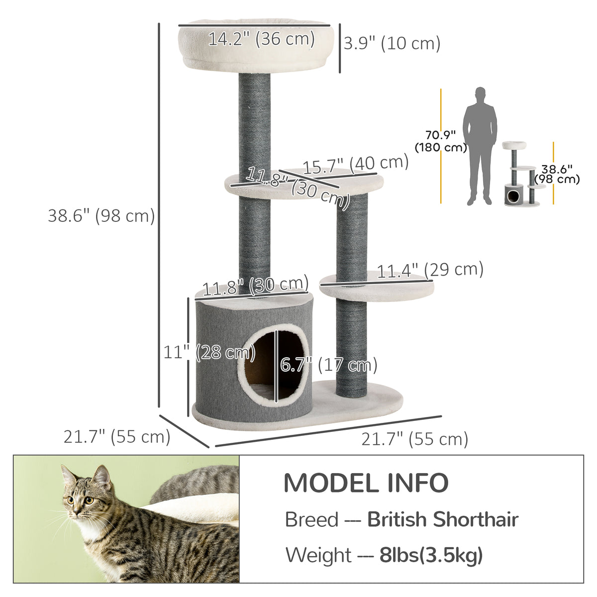 39" Multi-Level Cat Tree Tower with Scratching Posts - White-Cats-DECOROLALA