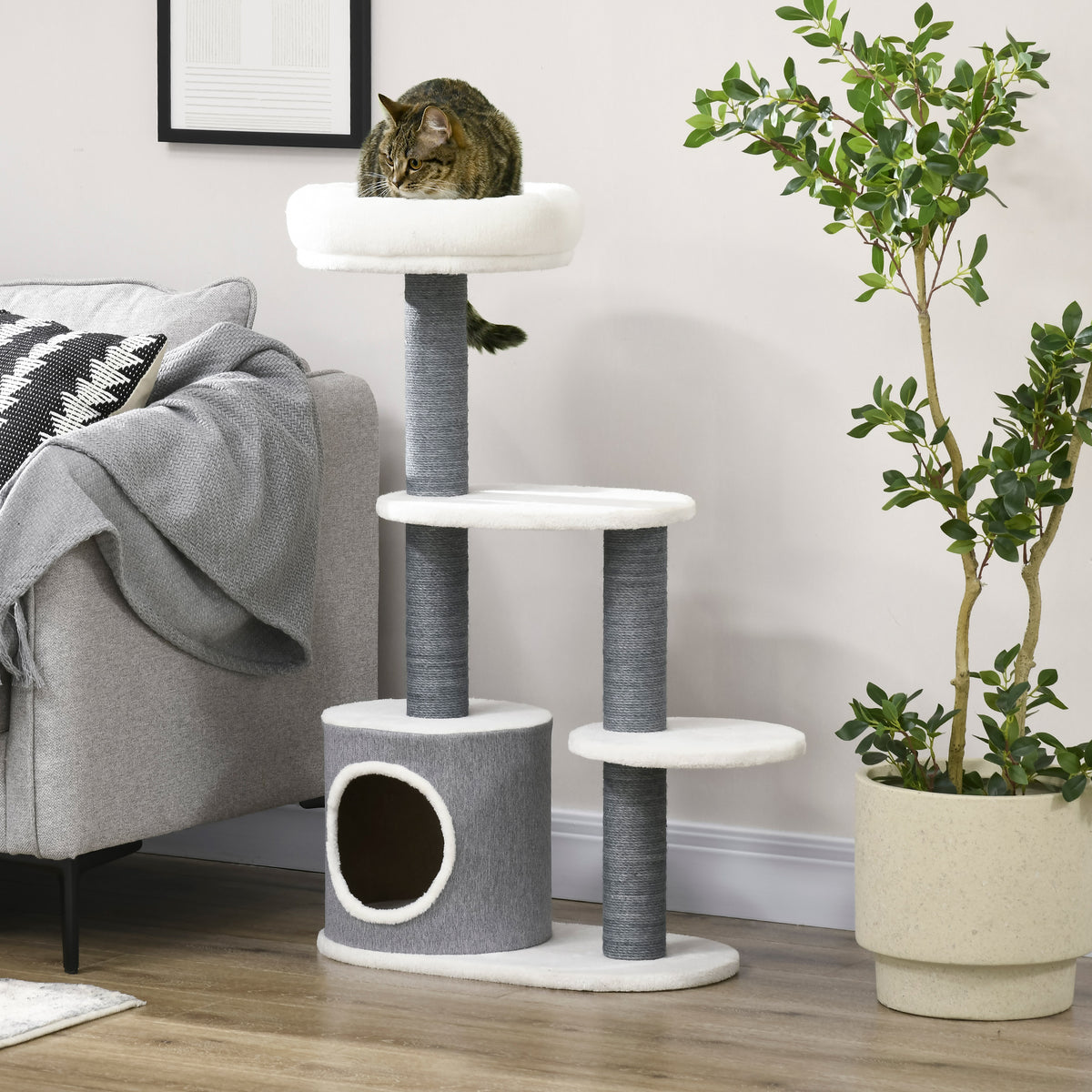 39" Multi-Level Cat Tree Tower with Scratching Posts - White-Cats-DECOROLALA