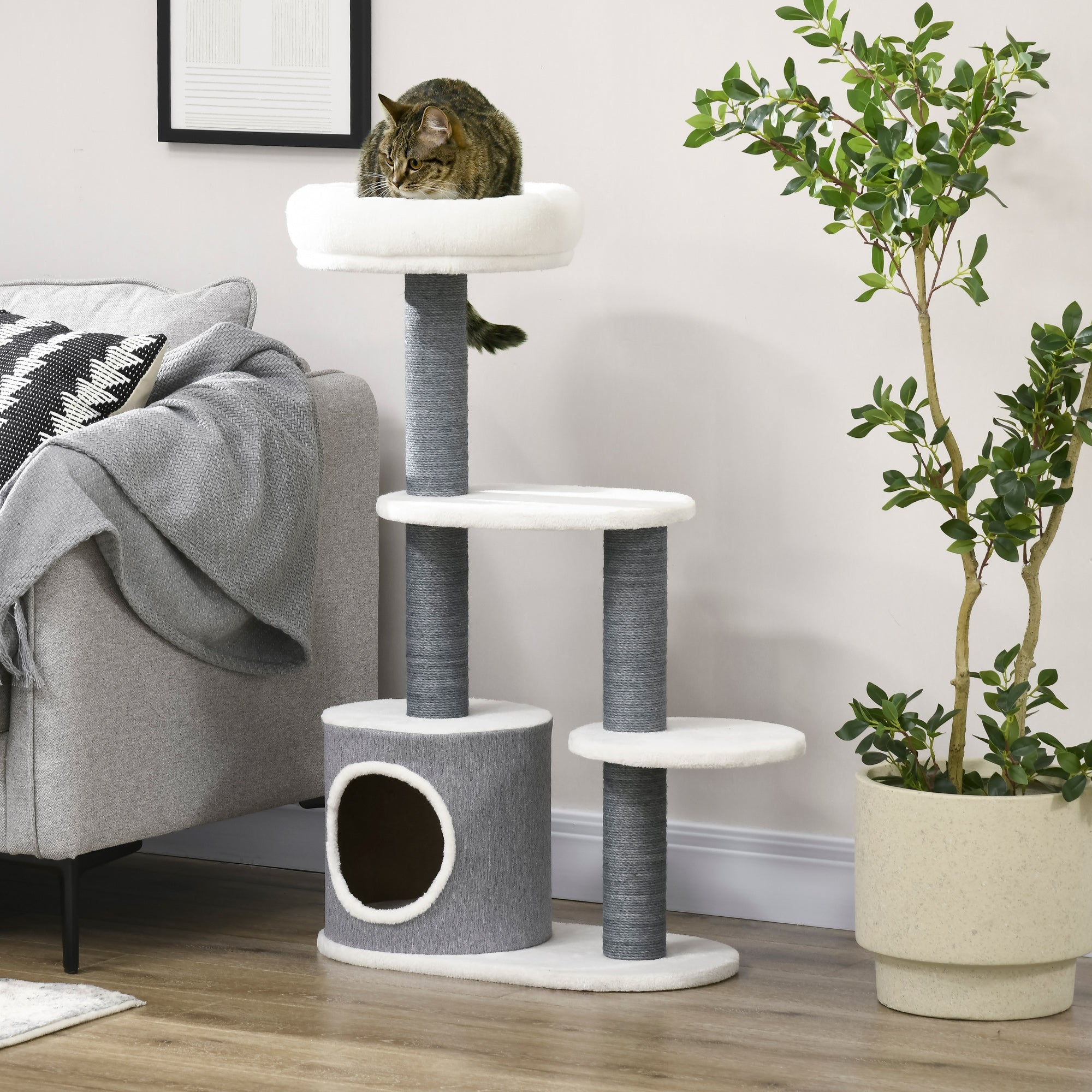 39" Multi-Level Cat Tree Tower with Scratching Posts - White-Cats-DECOROLALA