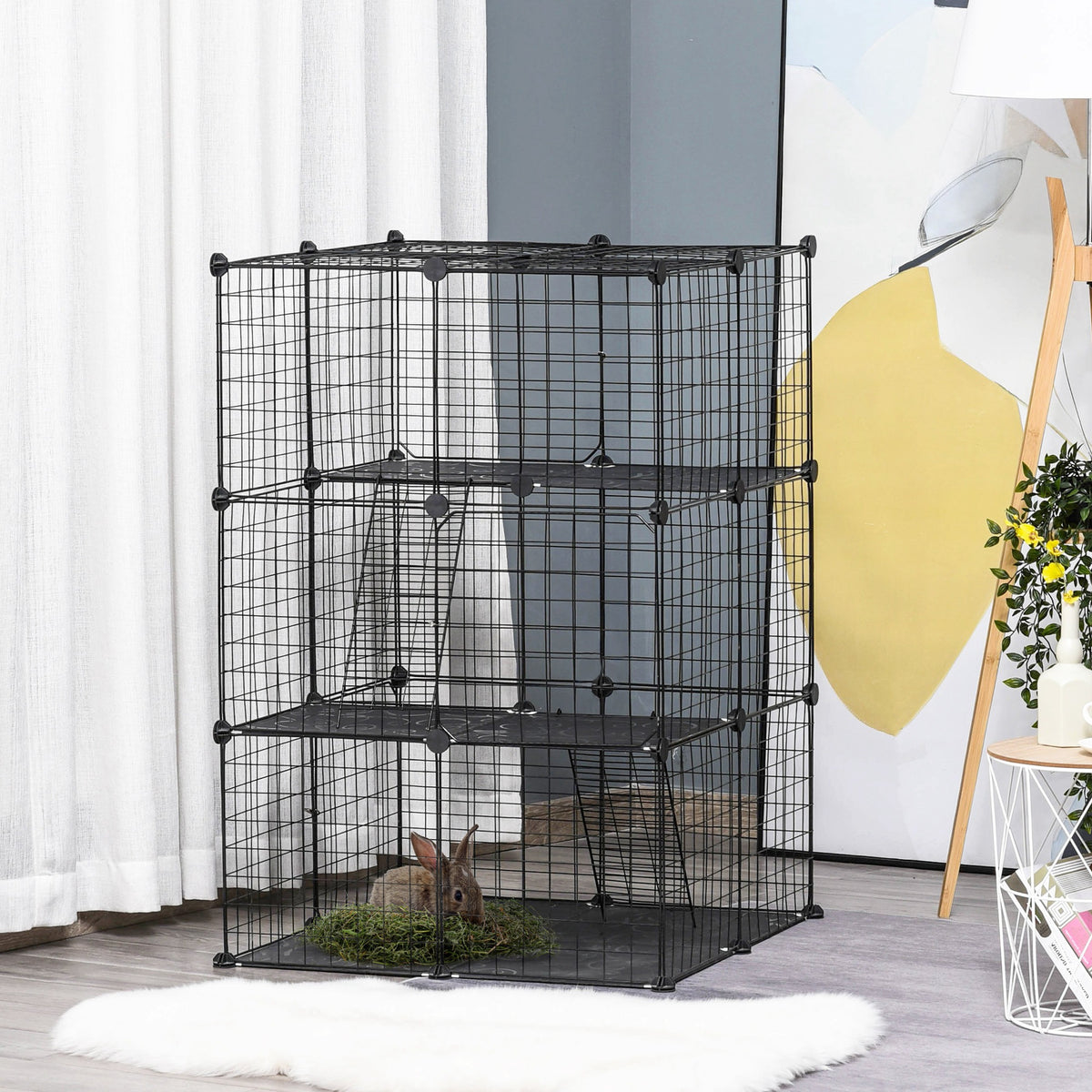 39-Piece Portable Metal Wire Small Animal Cage with Ramps - Black-Small Animals-DECOROLALA