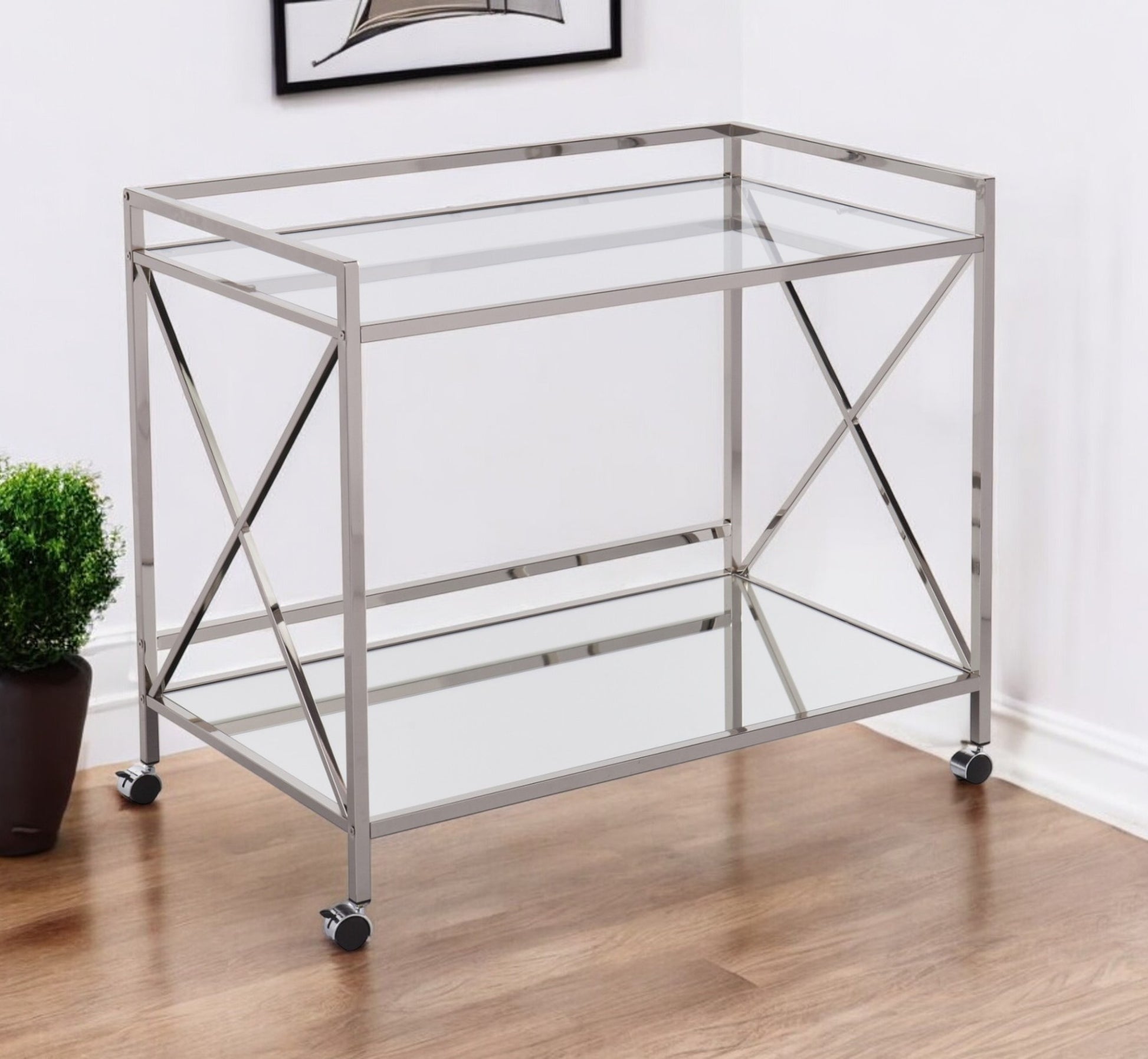 39" Silver Metal and Glass Rolling Bar Cart-Bar Carts and Servers-DECOROLALA