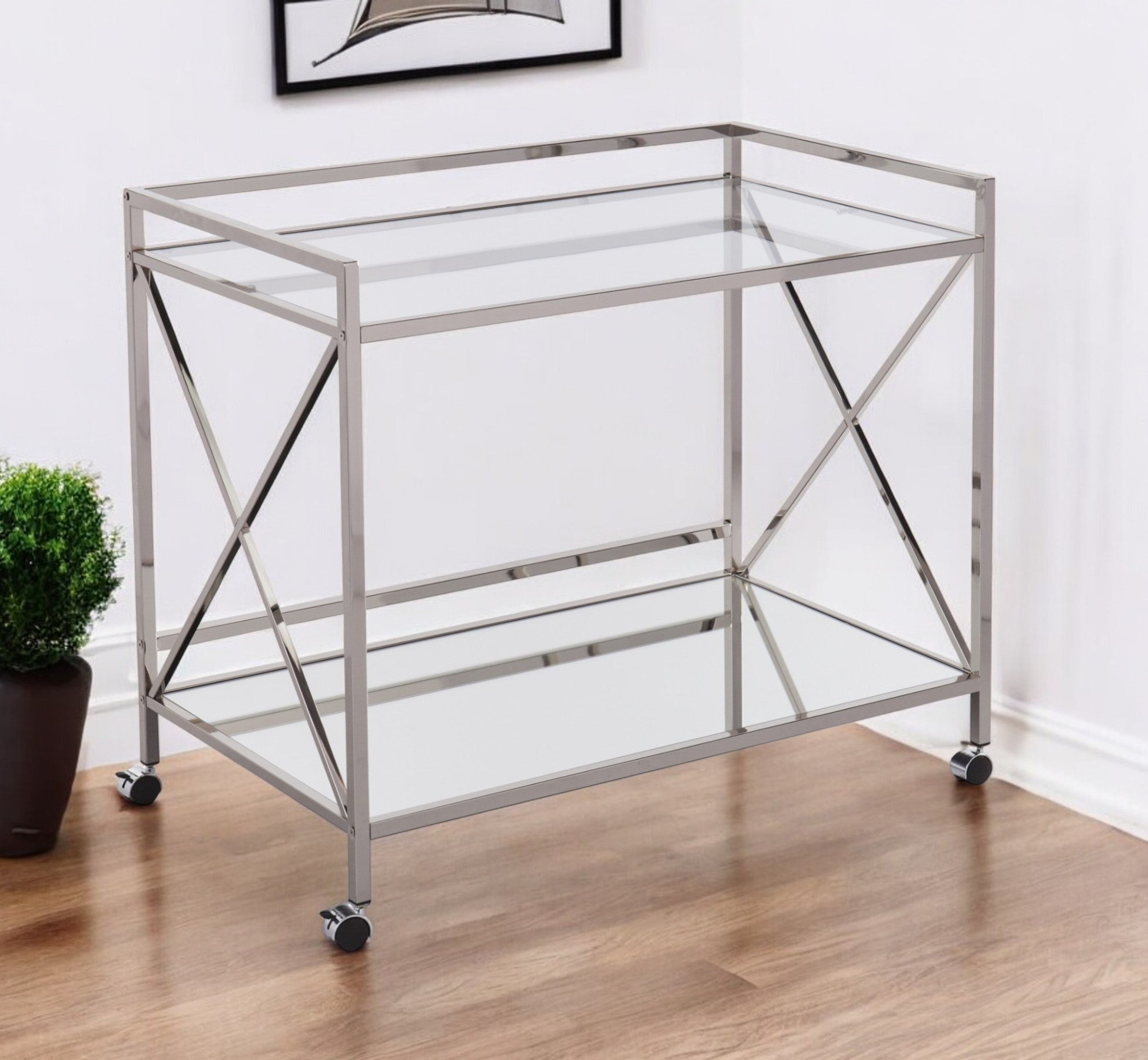 39" Silver Metal and Glass Rolling Bar Cart-Bar Carts and Servers-DECOROLALA