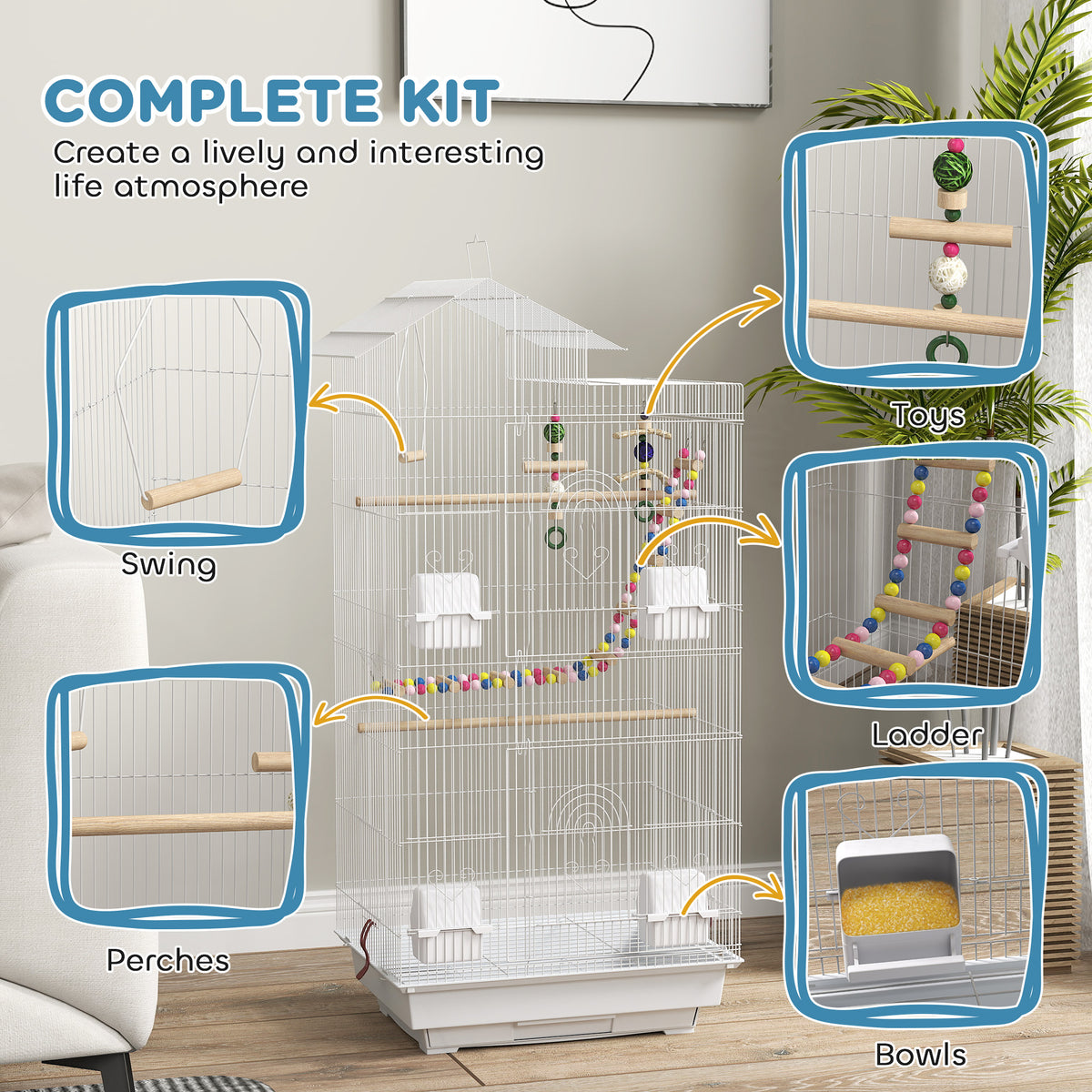 39" Tall Bird Cage for Budgies and Cockatiels - White with Toys-Birds-DECOROLALA