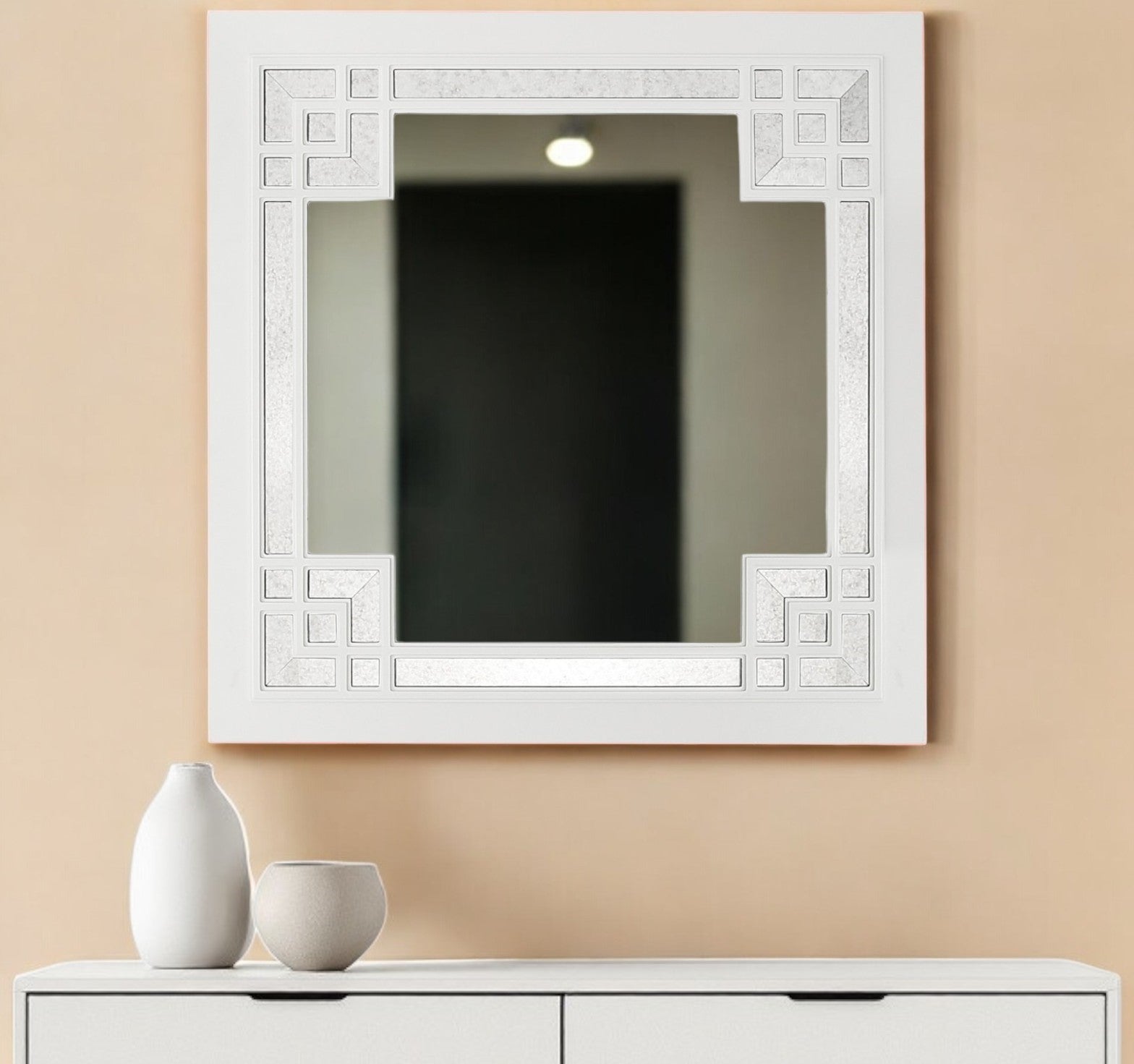 39" White Square Accent Wood Mirror-Mirrors-DECOROLALA