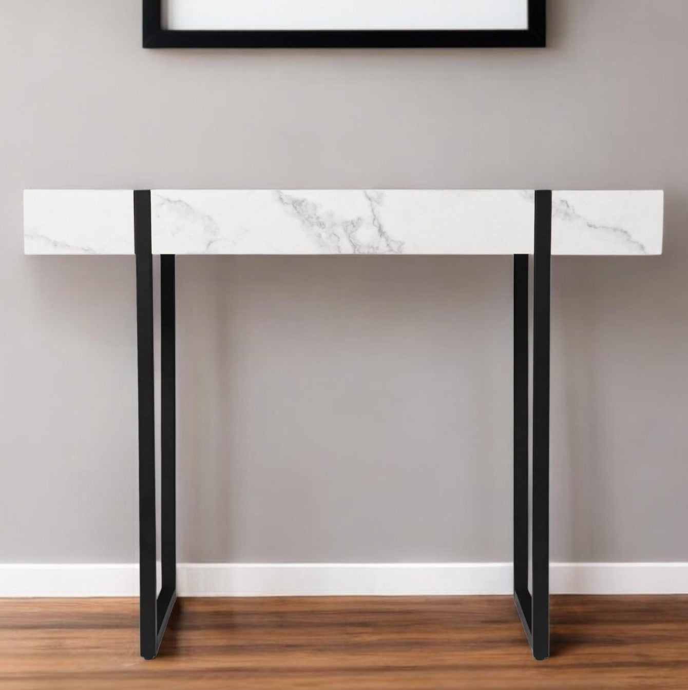 39" White and Black Faux Marble Sled Console Table-Console Tables-DECOROLALA