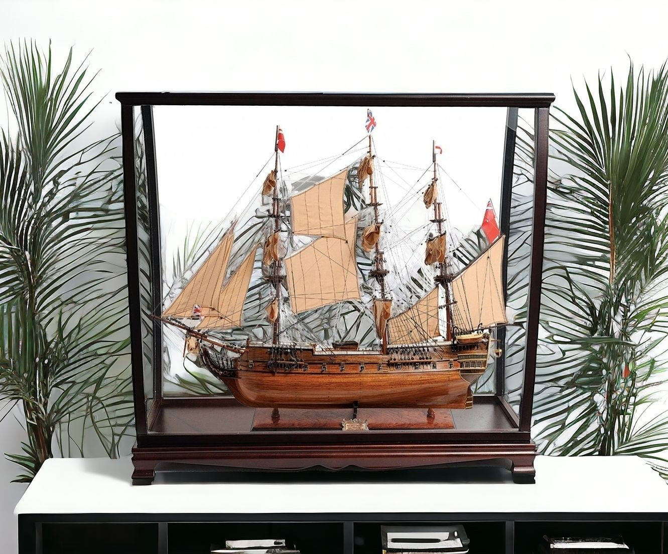 39" Wood Brown HMS Surprise 1796 Table Top Display Case Hand Painted Model Boat-Sculptures-DECOROLALA