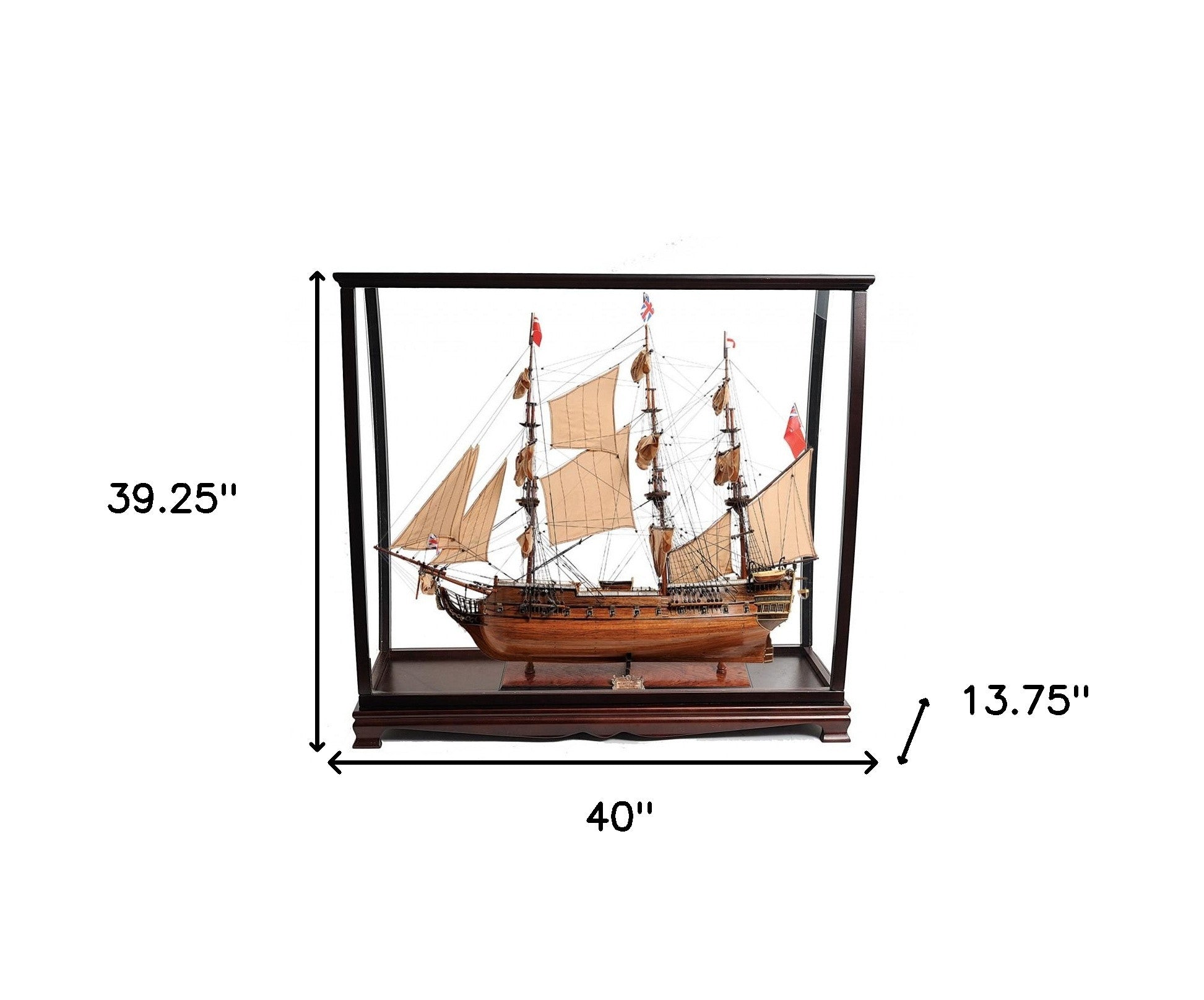 39" Wood Brown HMS Surprise 1796 Table Top Display Case Hand Painted Model Boat-Sculptures-DECOROLALA