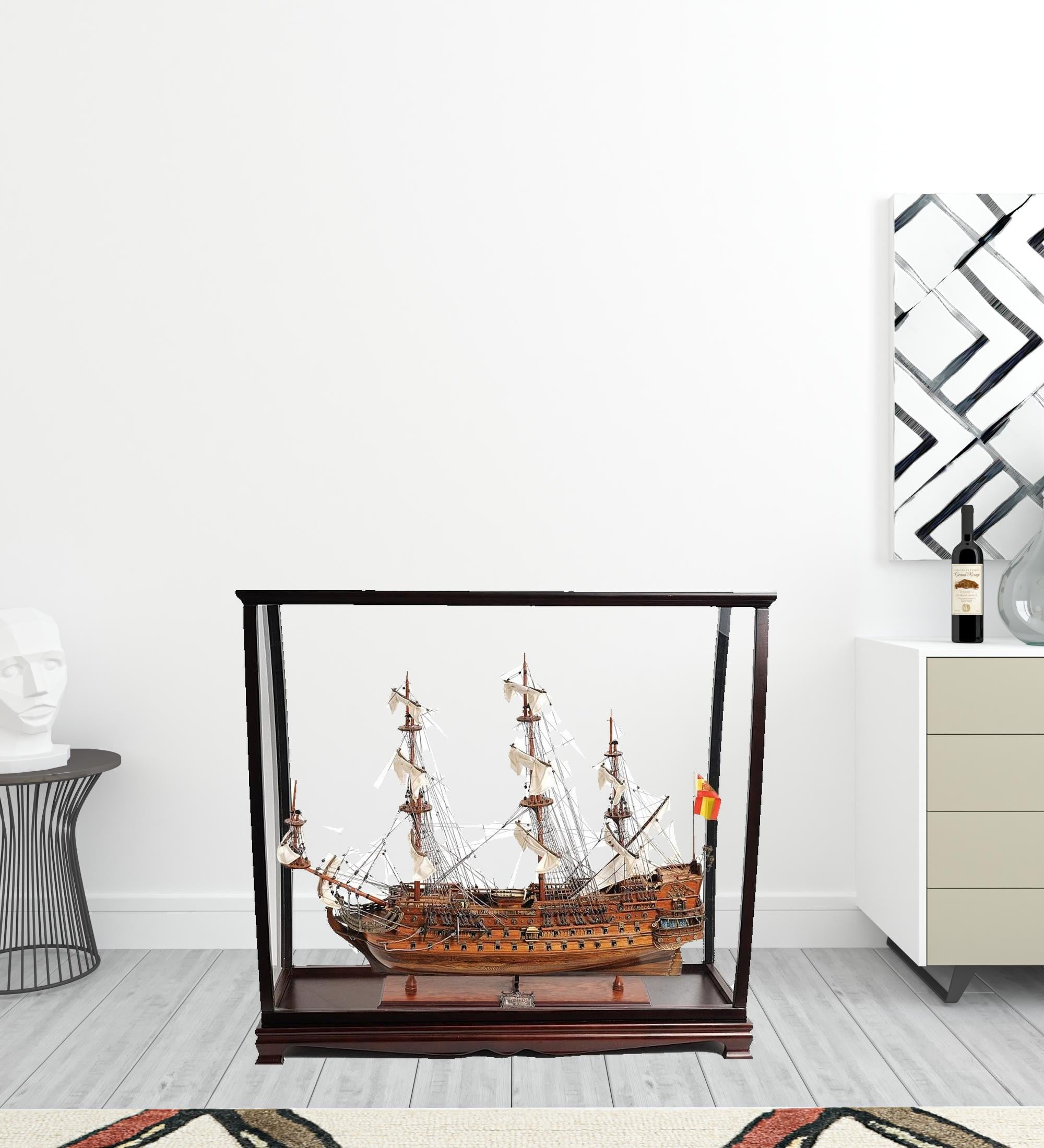 39" Wood Brown San Felipe Large Table Top Display Hand Painted Decorative Boat-Sculptures-DECOROLALA