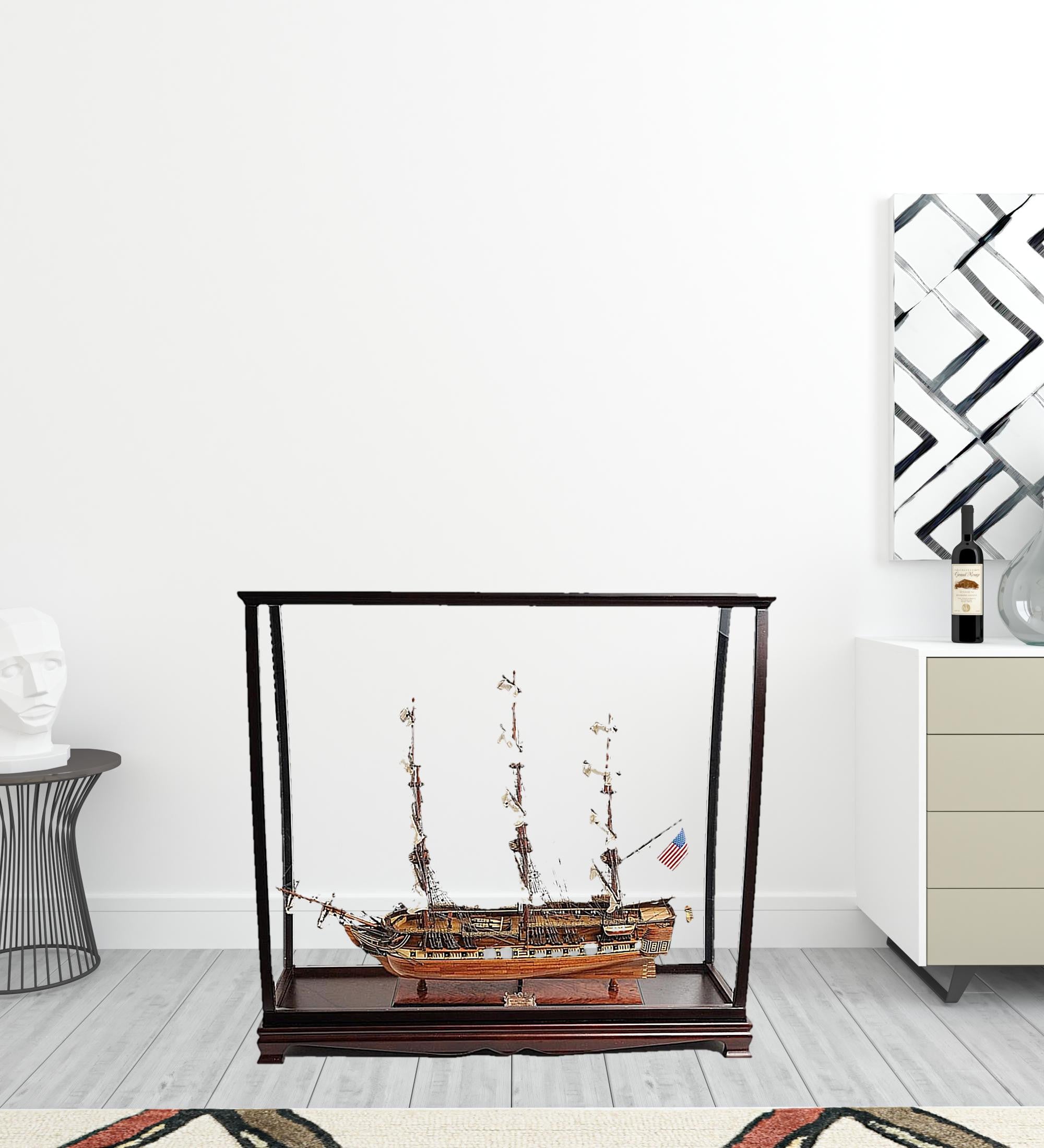 39" Wood Brown Solid Wood Hand Painted 1797 USS Constitution Large Table Top Display Case Model Boat-Sculptures-DECOROLALA