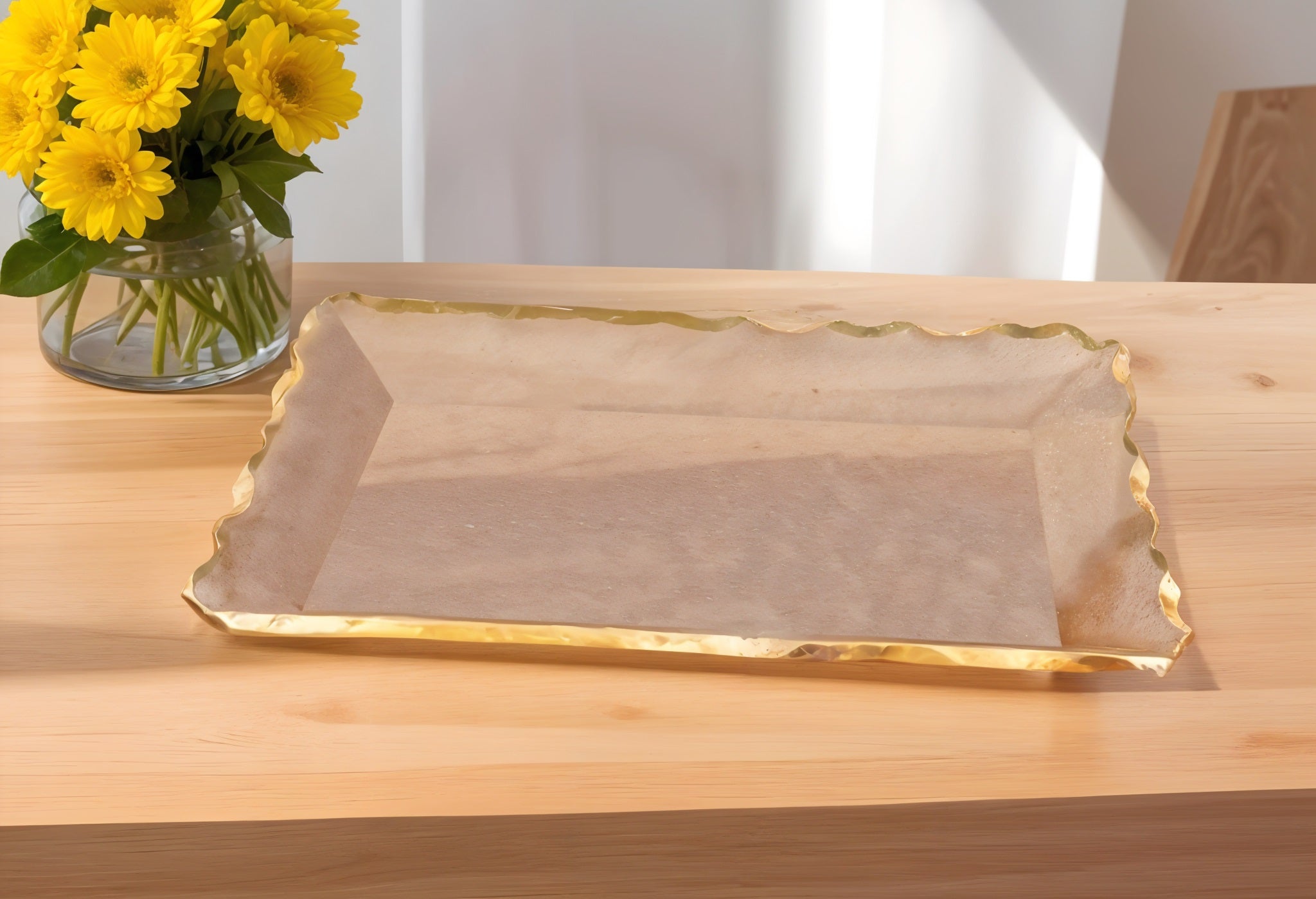 14" Clear and Gold Bubble Glass Scalloped Rim Rectangular Tray-0