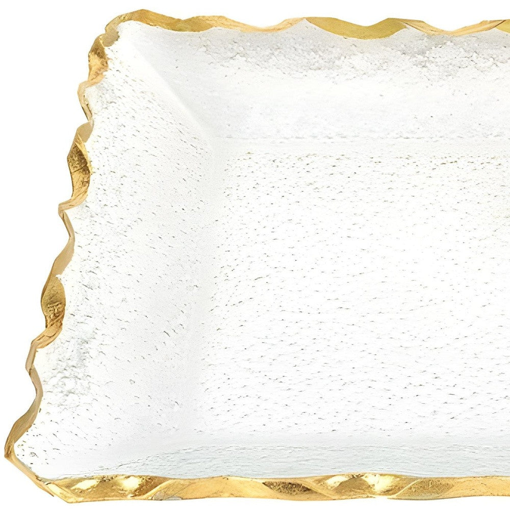 14" Clear and Gold Bubble Glass Scalloped Rim Rectangular Tray-3