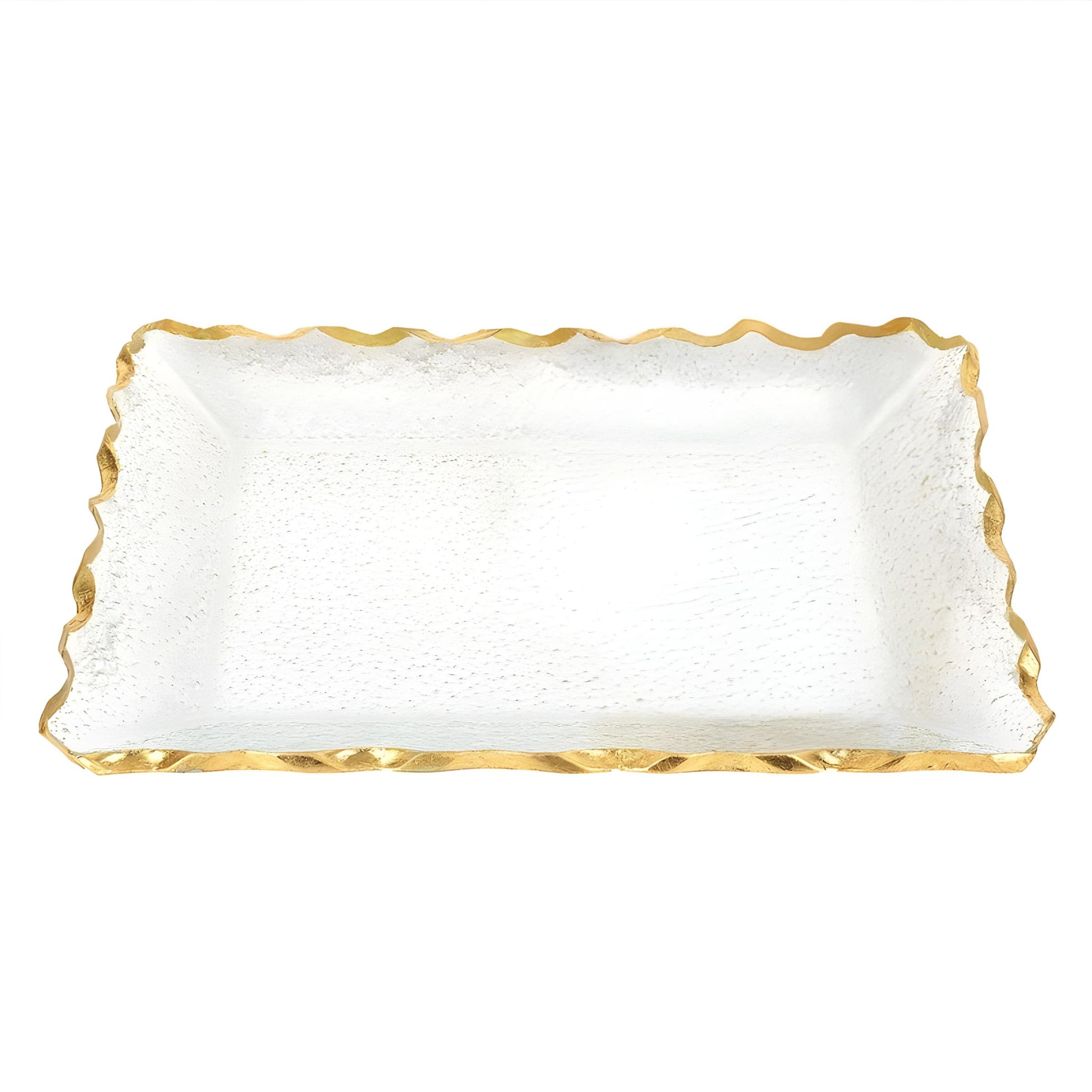 14" Clear and Gold Bubble Glass Scalloped Rim Rectangular Tray-1