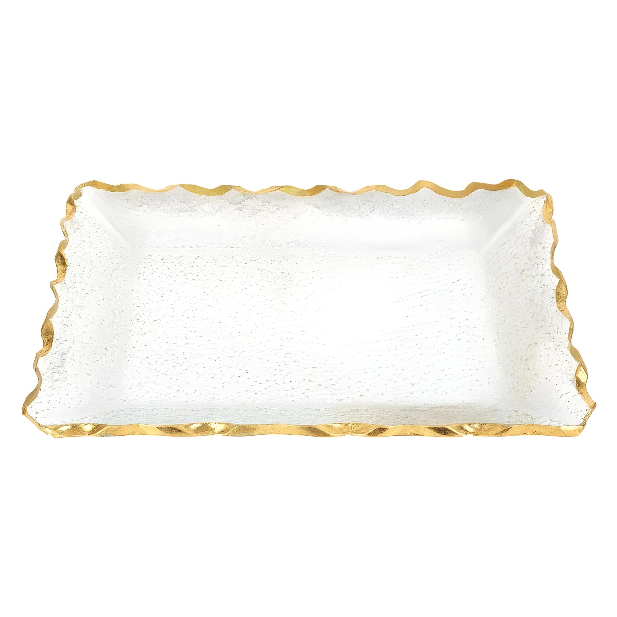 14" Clear and Gold Bubble Glass Scalloped Rim Rectangular Tray-1