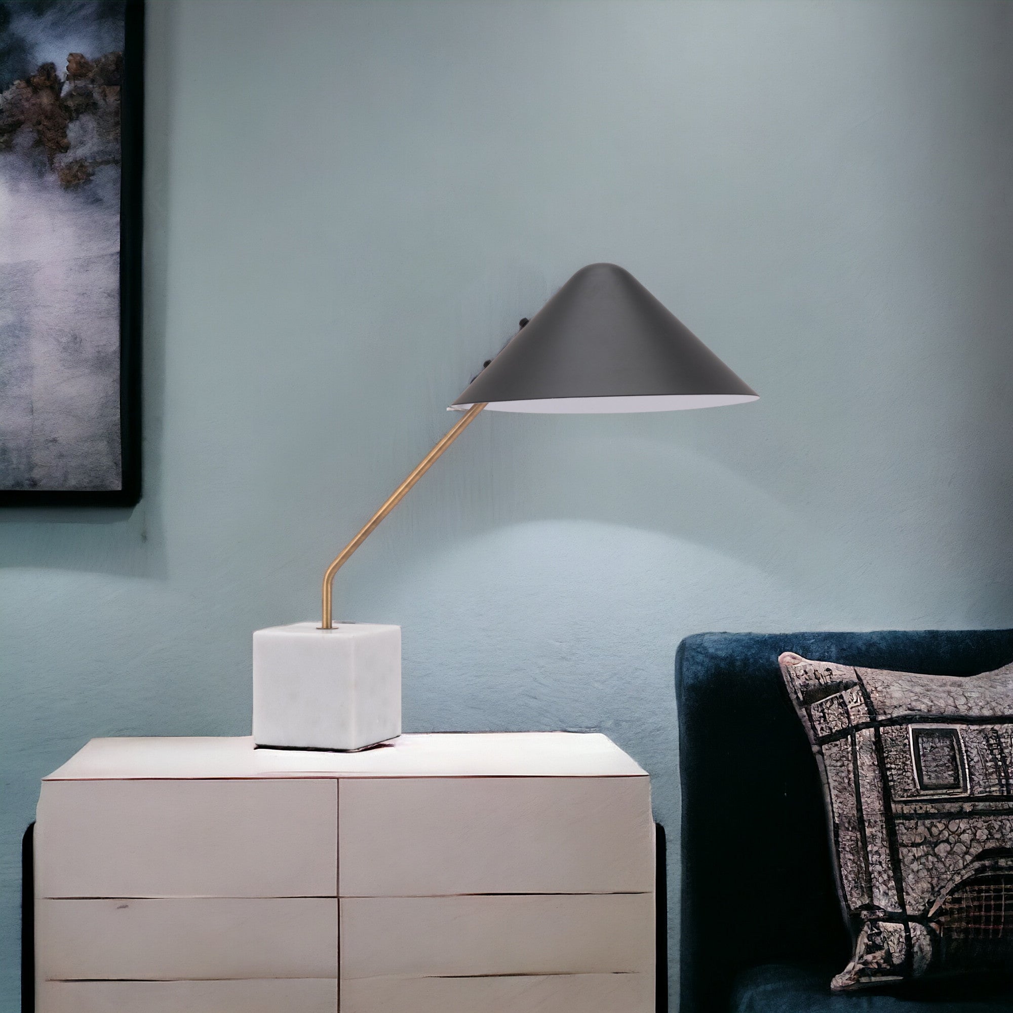 52" White Metal Bedside Table Lamp With Black Cone Shade-Table Lamps-DECOROLALA