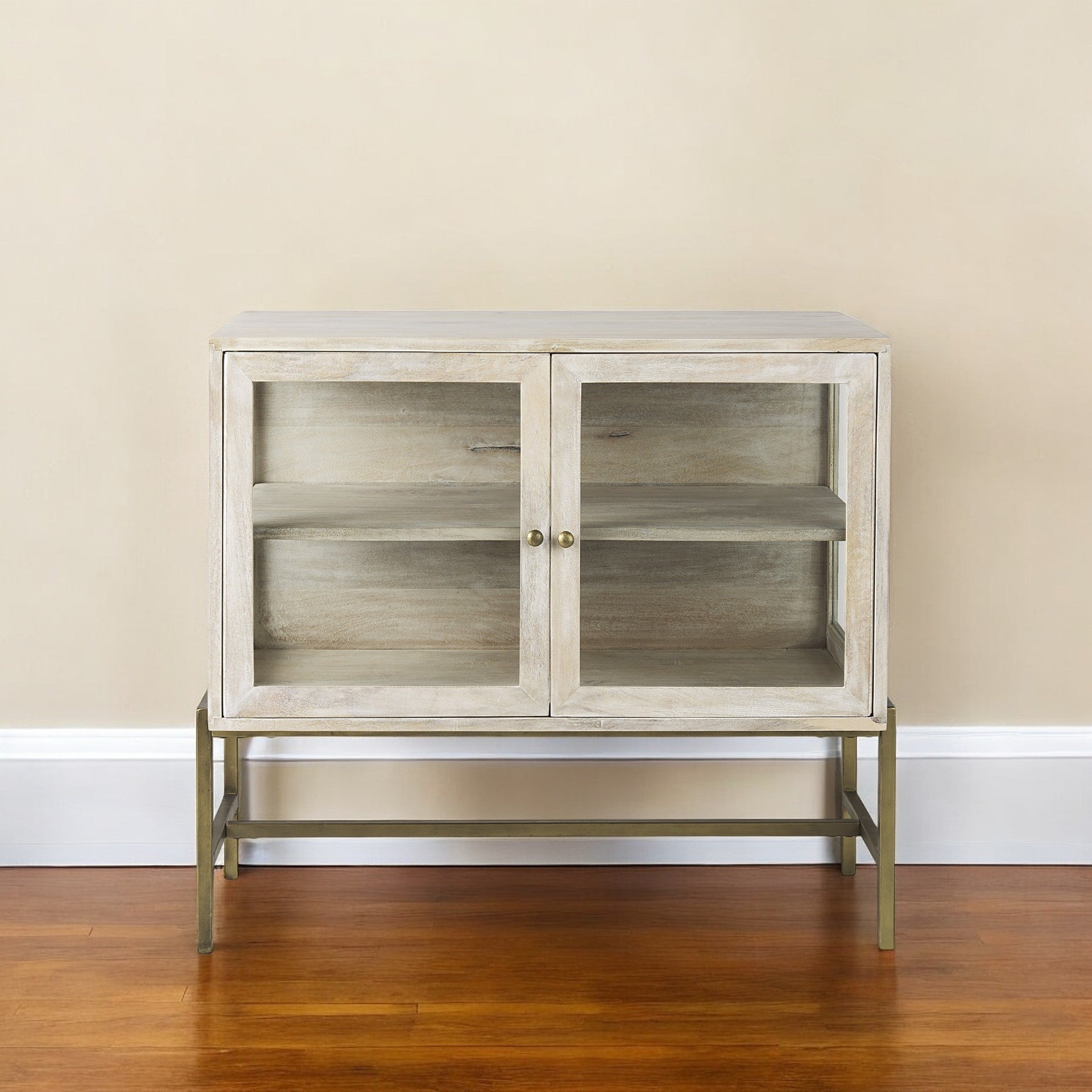 38" White Solid Wood Sideboard with Two Glass Doors-Sideboards-DECOROLALA