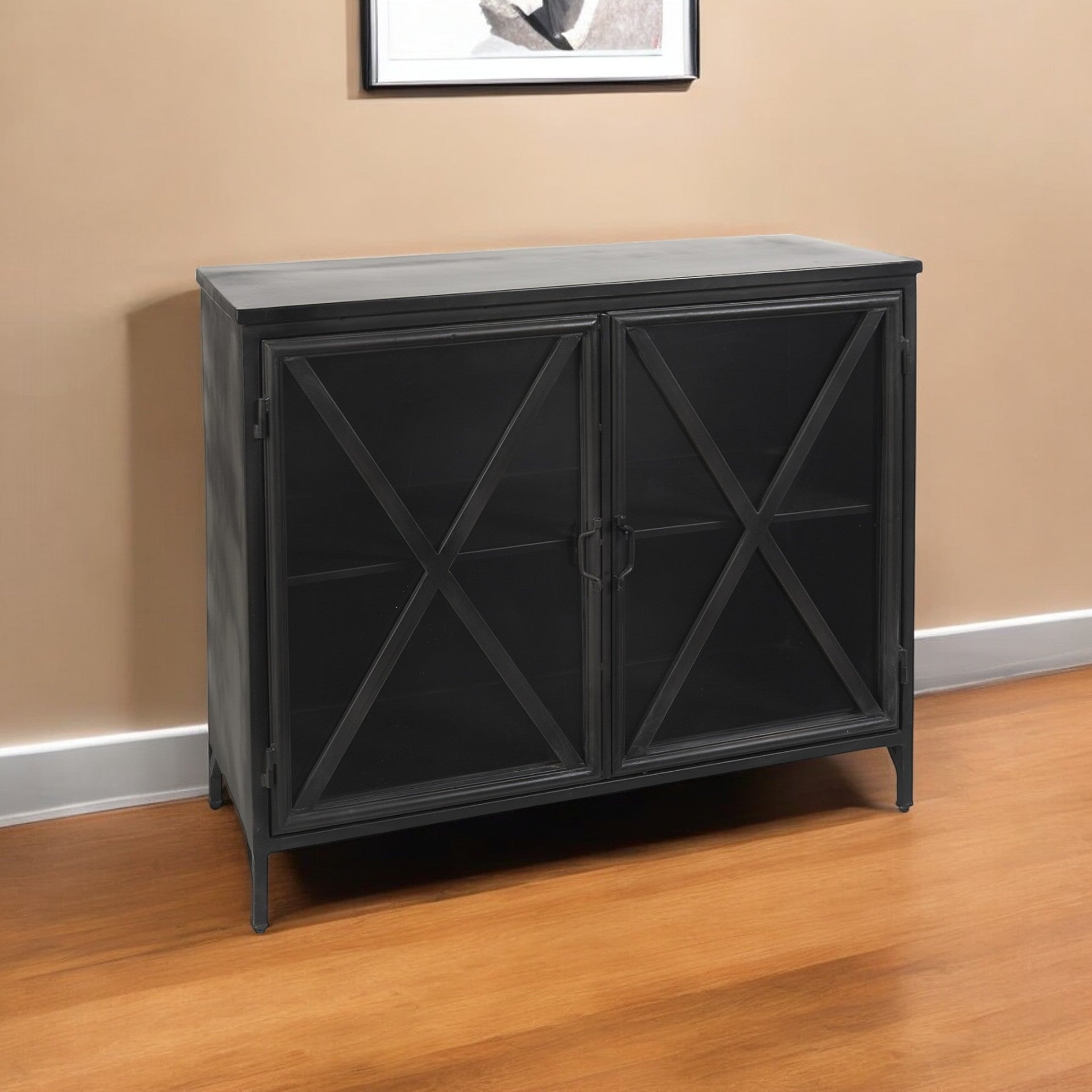 40" Black Iron Sideboard with Two Glass Doors-Sideboards-DECOROLALA