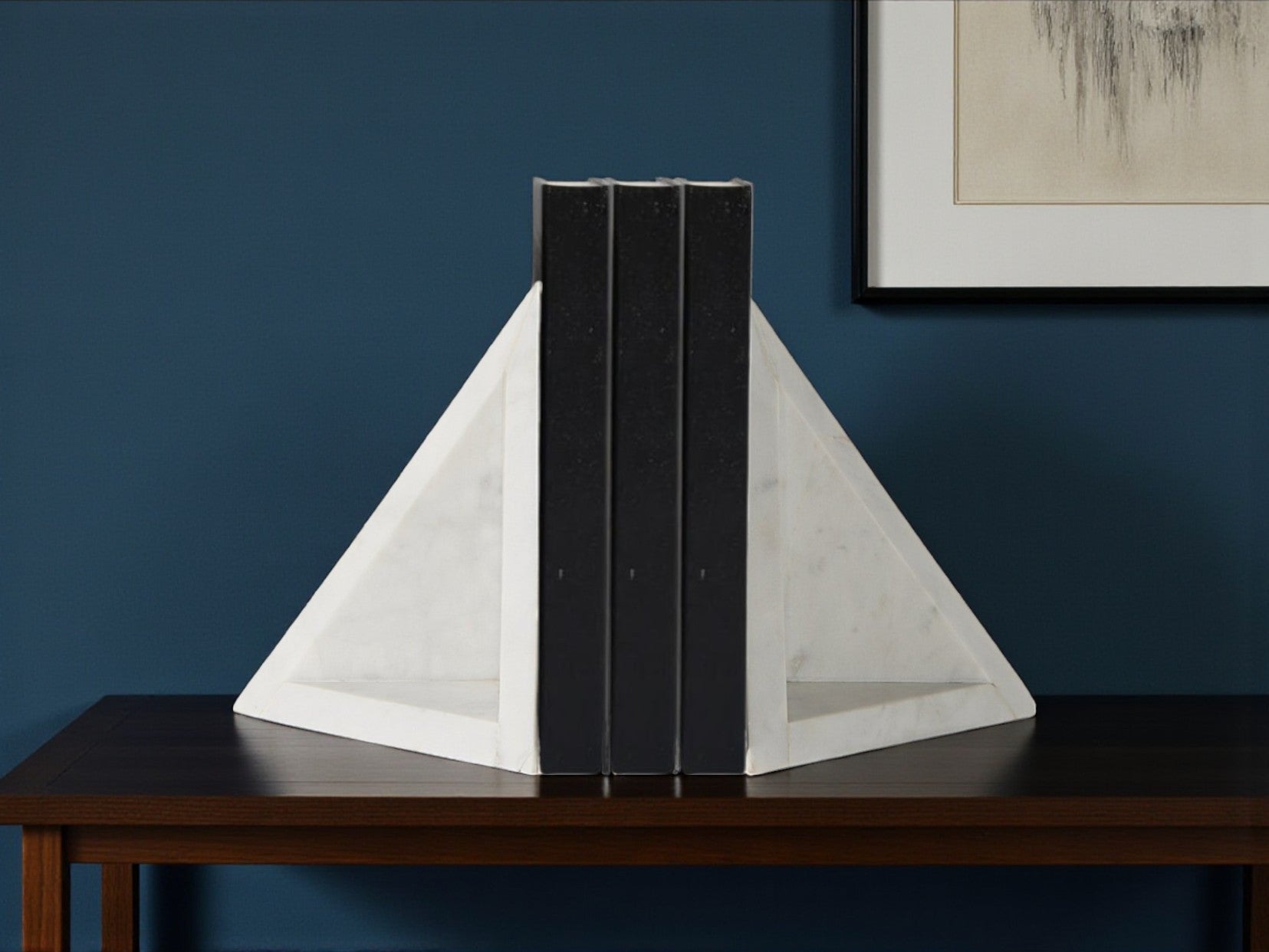 Set of Two White Marble Triangle Decorative Bookends-Sculptures-DECOROLALA