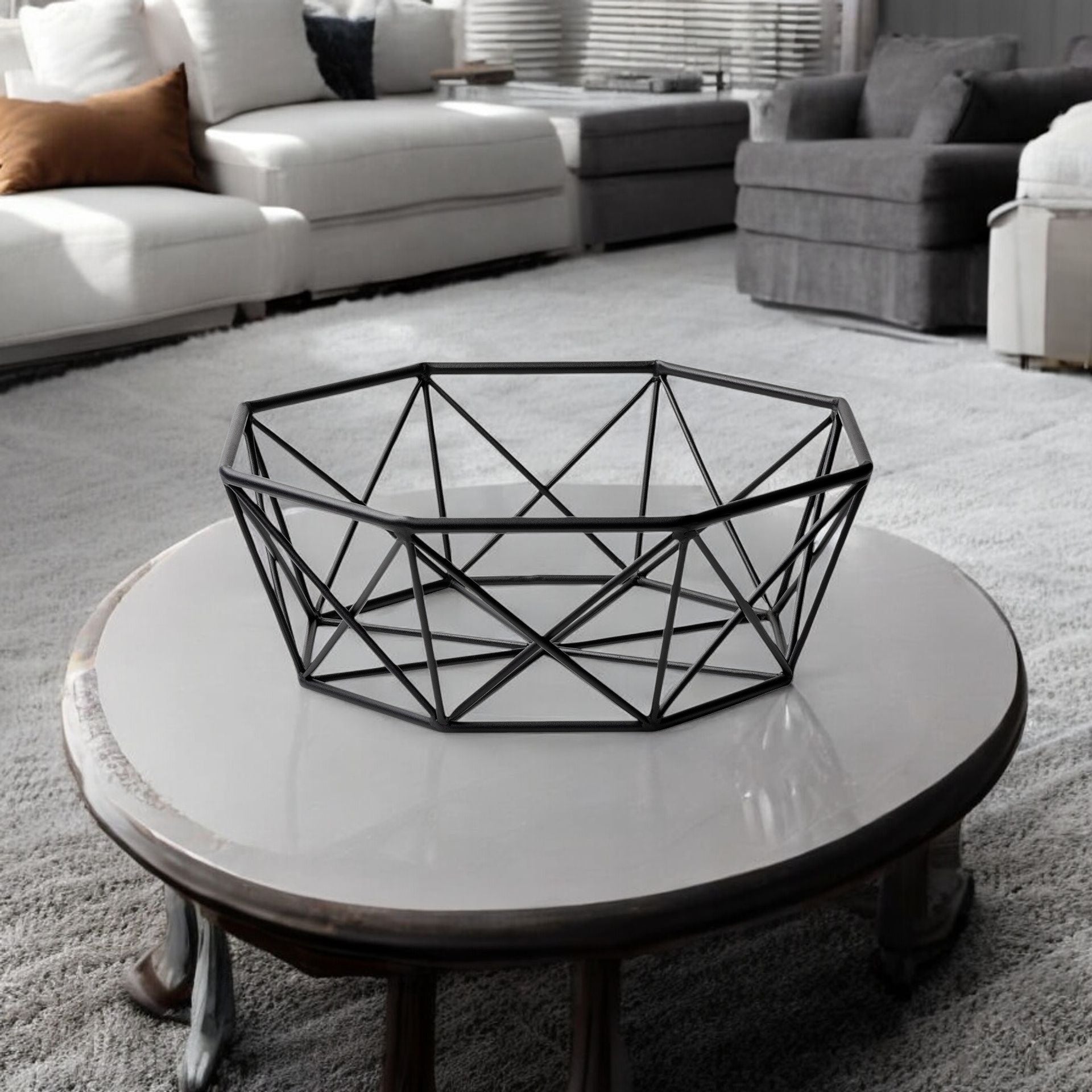 17" Black Metal Geometric Decorative Bowl-Sculptures-DECOROLALA