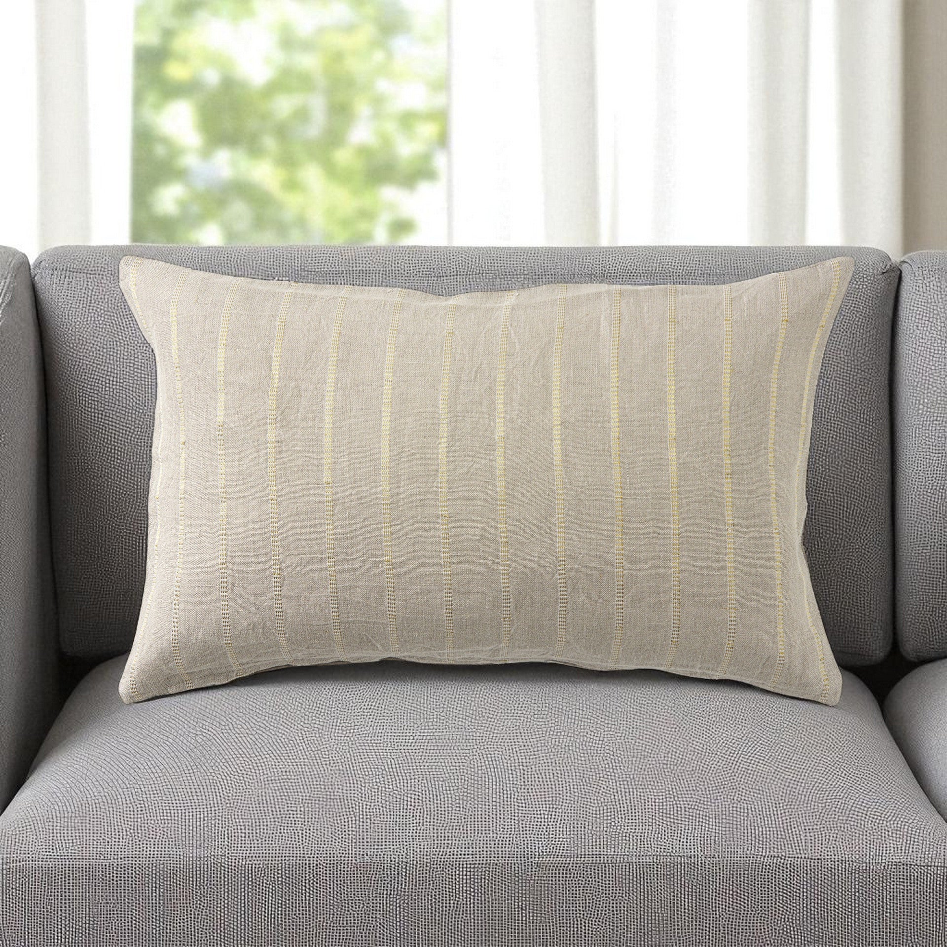 Beige And Gold Striped Lumbar Pillow Cover-0