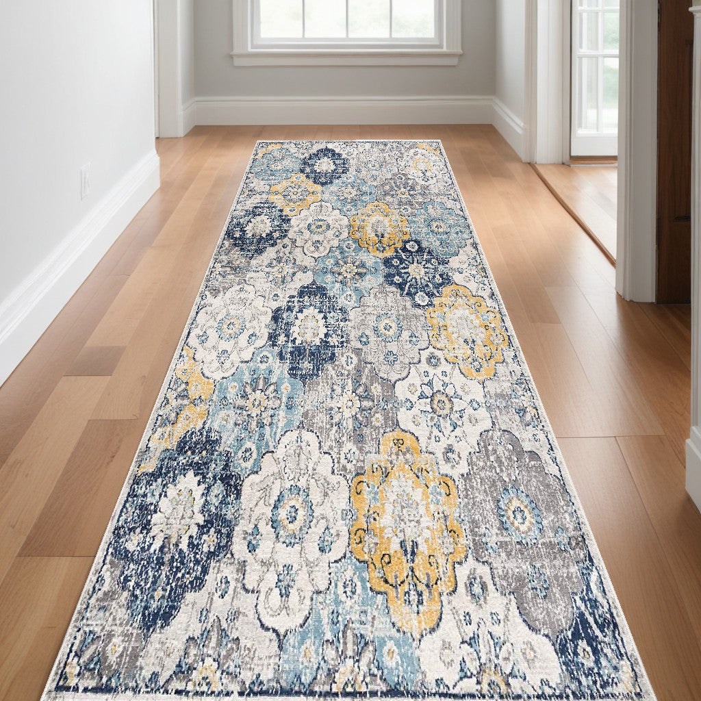 20' Blue And Yellow Floral Runner Rug-0