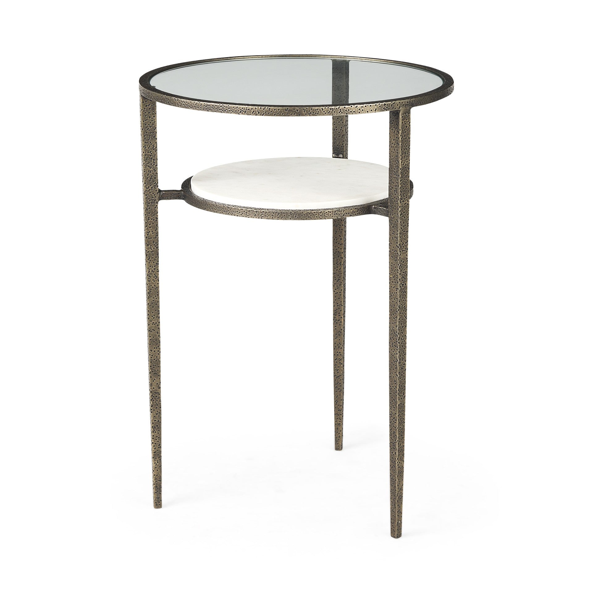 23" Bronze And Clear Glass And Metal Round End Table With Shelf-End-Side Tables-DECOROLALA